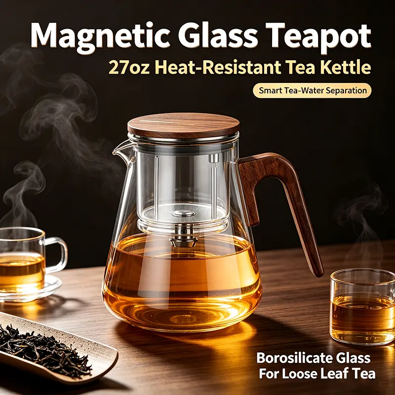 27oz Glass Teapot with Magnetic Switch, Heat-Resistant Borosilicate Glass Tea Kettle, Removable Infuser, Tea-Water Separation, Loose Leaf Tea Maker for Home, Office, and Gift Use