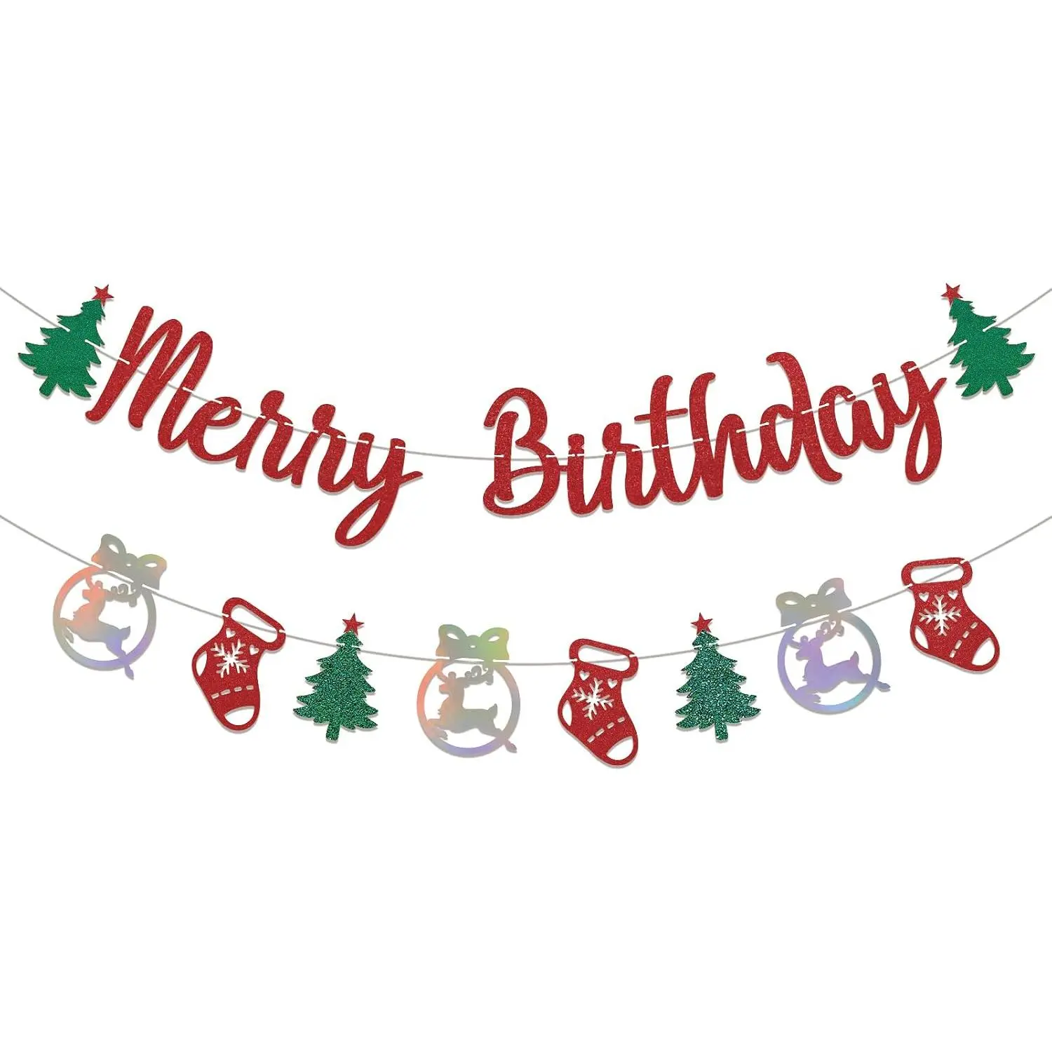 Merry Birthday Banner - Xmas Tree Decor, Merry Christmas Happy Birthday Banner, Christmas Bday  Shower  Holiday Party Decorations Red Glitter