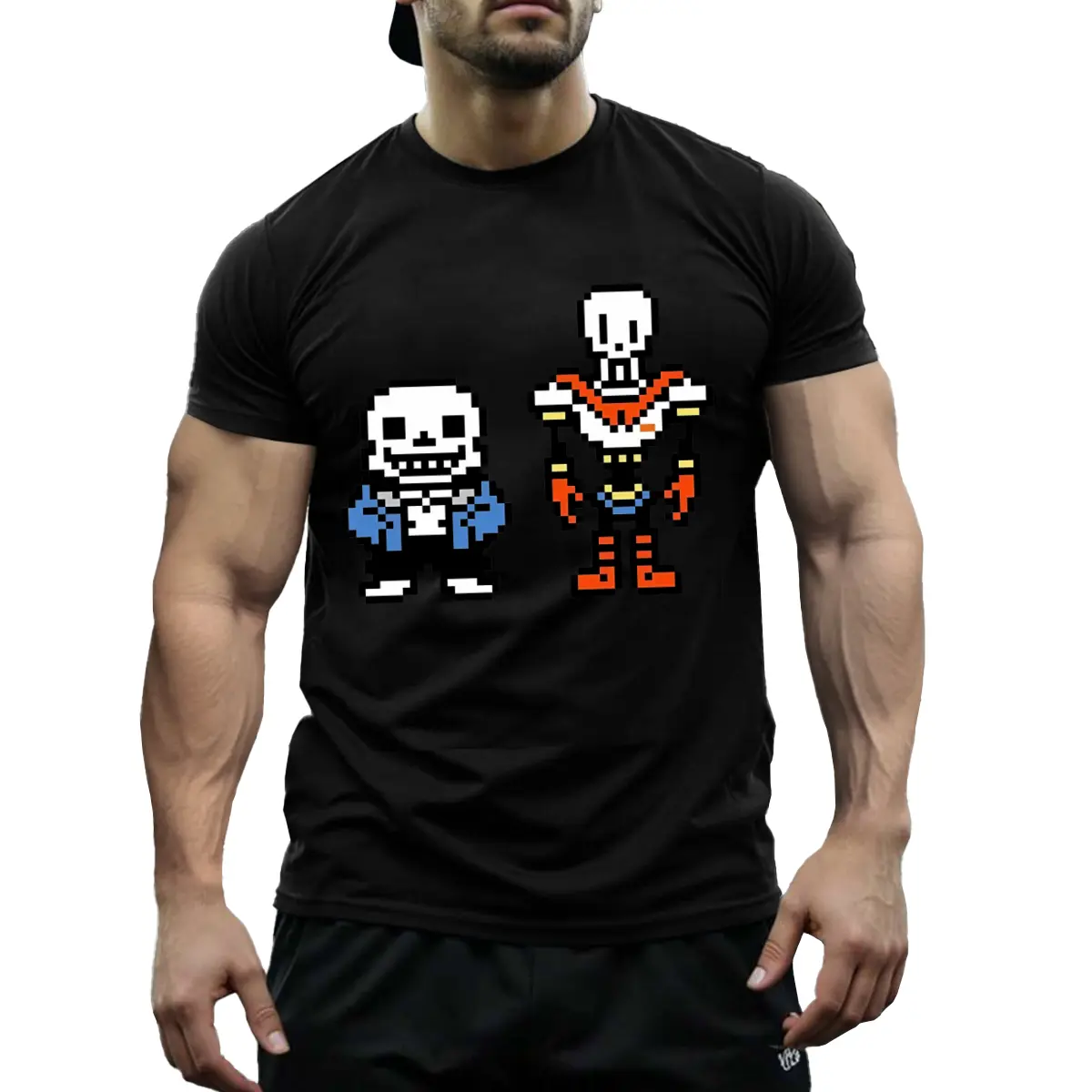 Men's Undertale Sans & Papyrus T-Shirt - Pure Cotton Casual Crewneck Tee, Short Sleeve, Plus Size, Black Gaming-Inspired Design with White & Blue Characters, Loose Fit, Machine Washable - T Shirt