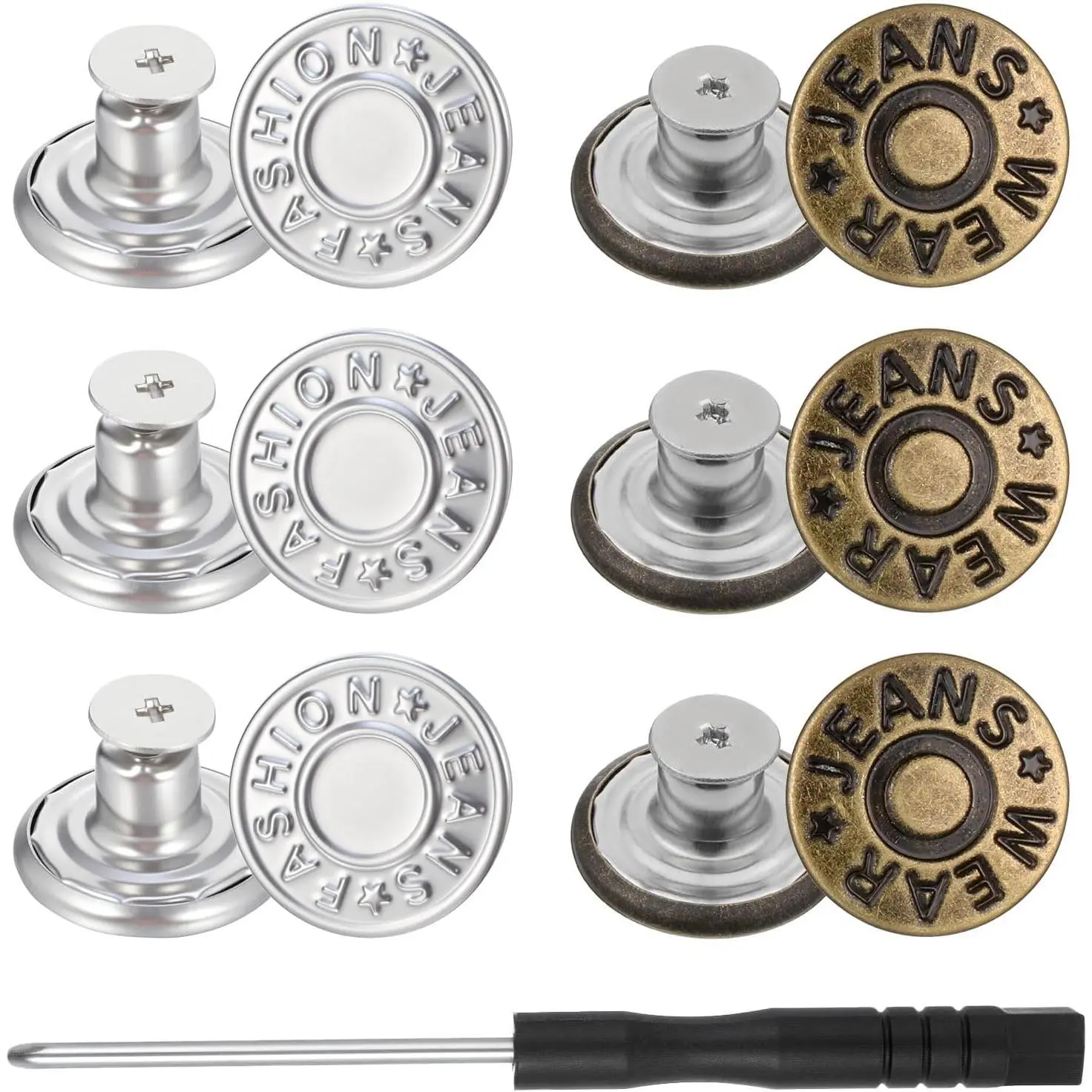 20 Pack Buttons for Jeans, 17mm Jeans Buttons No Sew Nailess Removable Button Button for Jean Jean ButtonRepair Kit with Combo Rivets Screwdrivers