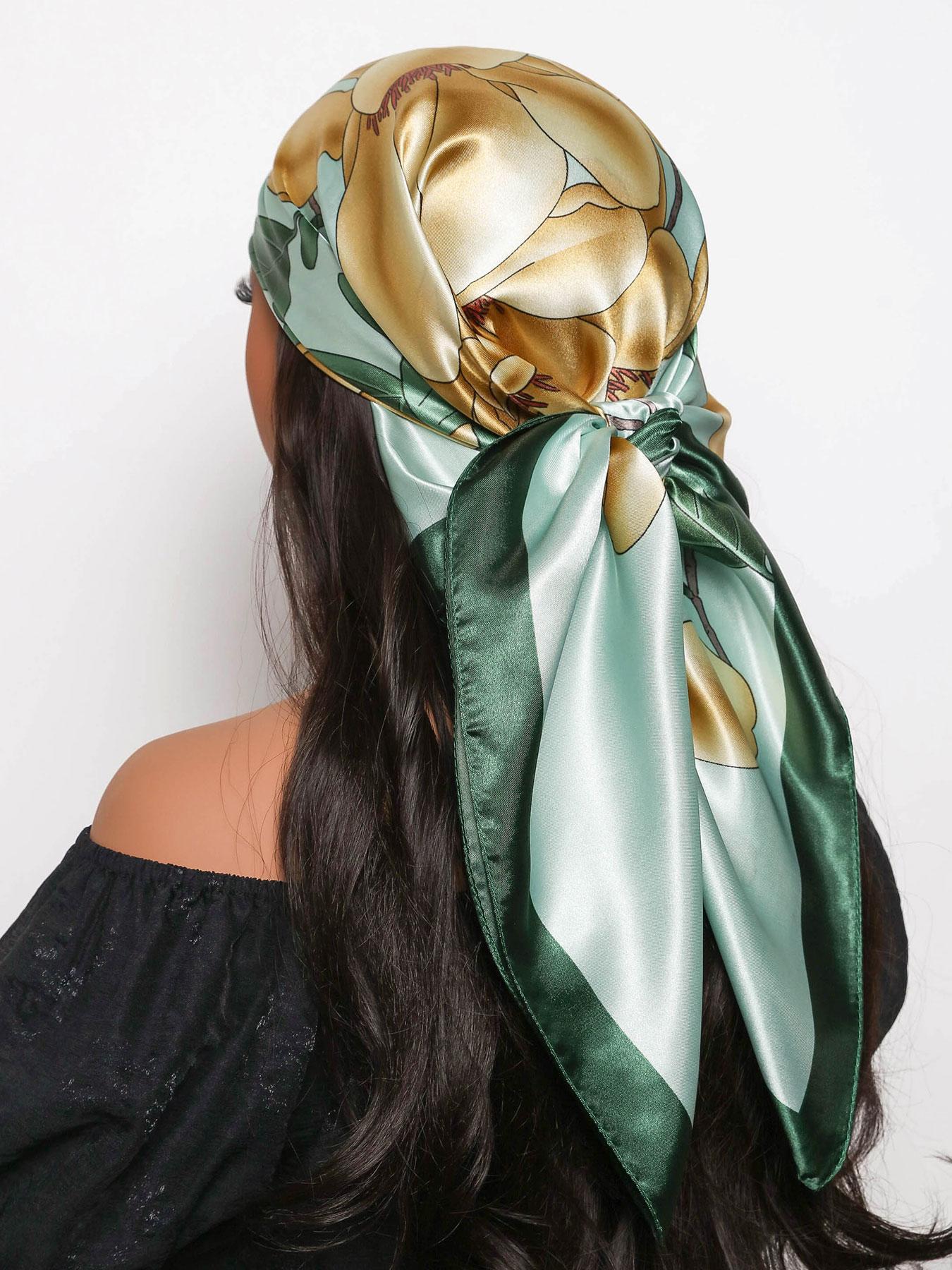 Women's Floral Print Square Scarf, Fashionable Soft Lightweight Scarf for All Seasons, Casual Versatile Scarf for Women, Boho Style Scarf