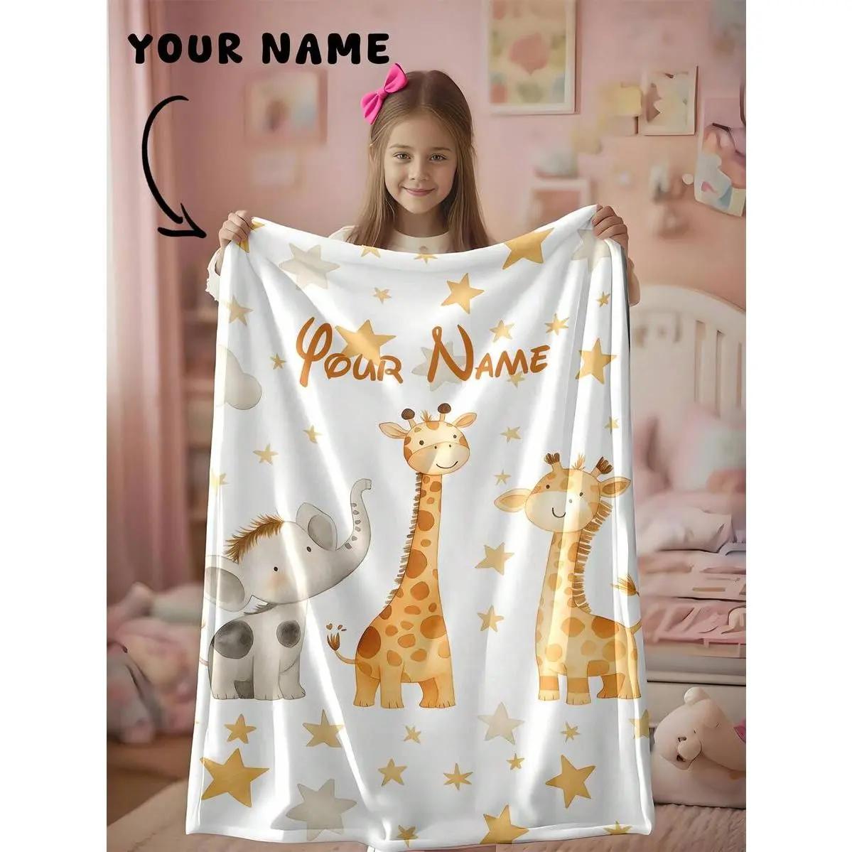 Watercolor Safari Baby Animals Personalized Name Blanket, Elephant Giraffe Star Pattern Custom Flannel Throw Blanket, Neutral Nursery Customized Blanket, Personalized Newborn Gift for Baby Girls, Soft Lightweight Bed Blanket