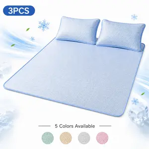 Ice Silk Cooling Mattress Topper 3-Piece Set, Breathable Summer Bed Mat, Cooling Mattress Pad, 2 Pillowcases, Elastic Straps, 5 Colors, S/m/l/xl