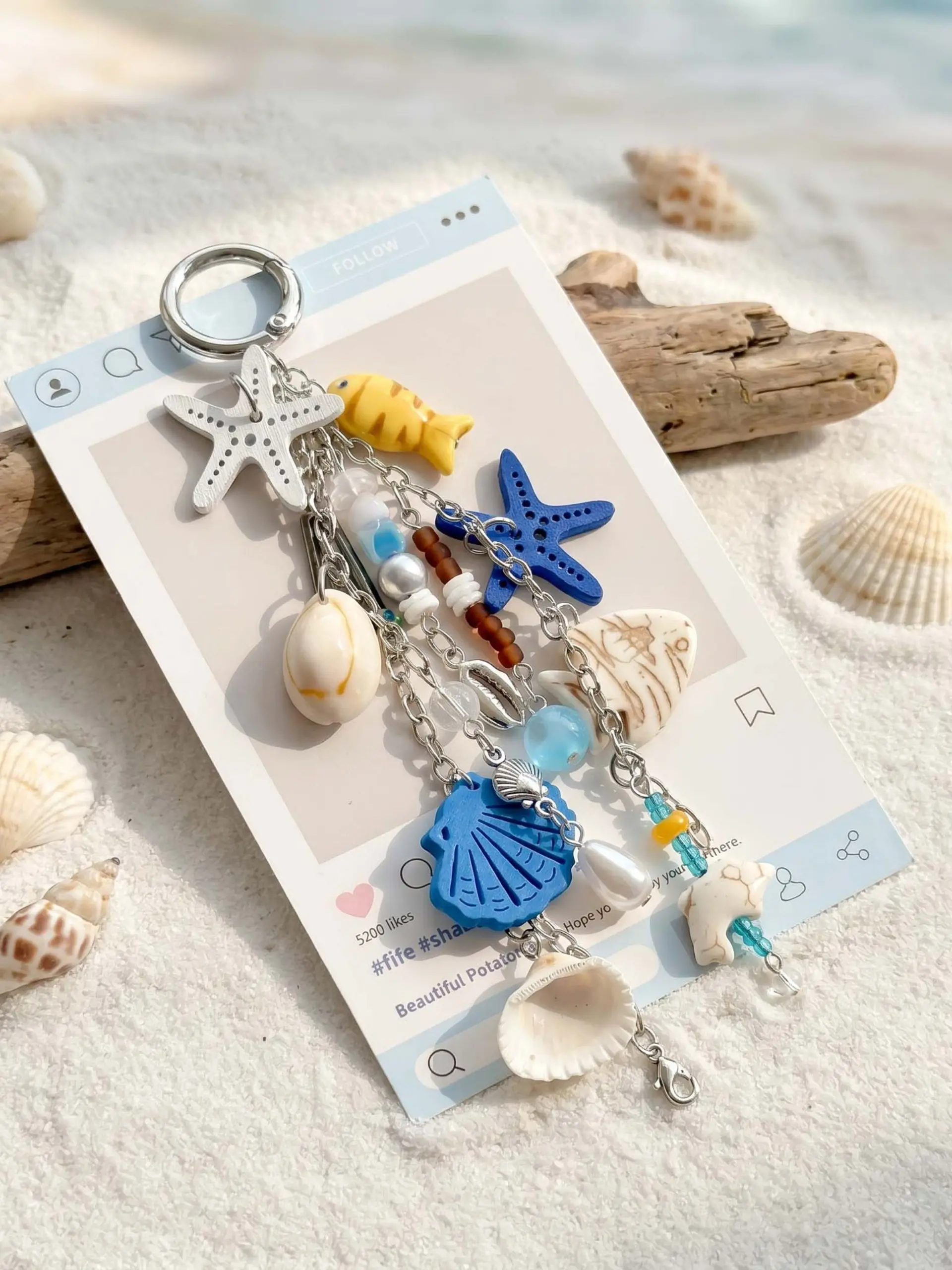 New Starfish Keychain, Ocean Style Multi-Piece Keychain, Shell Fish Bead Combination, Trendy Practical Bag Charm, Car Accessory