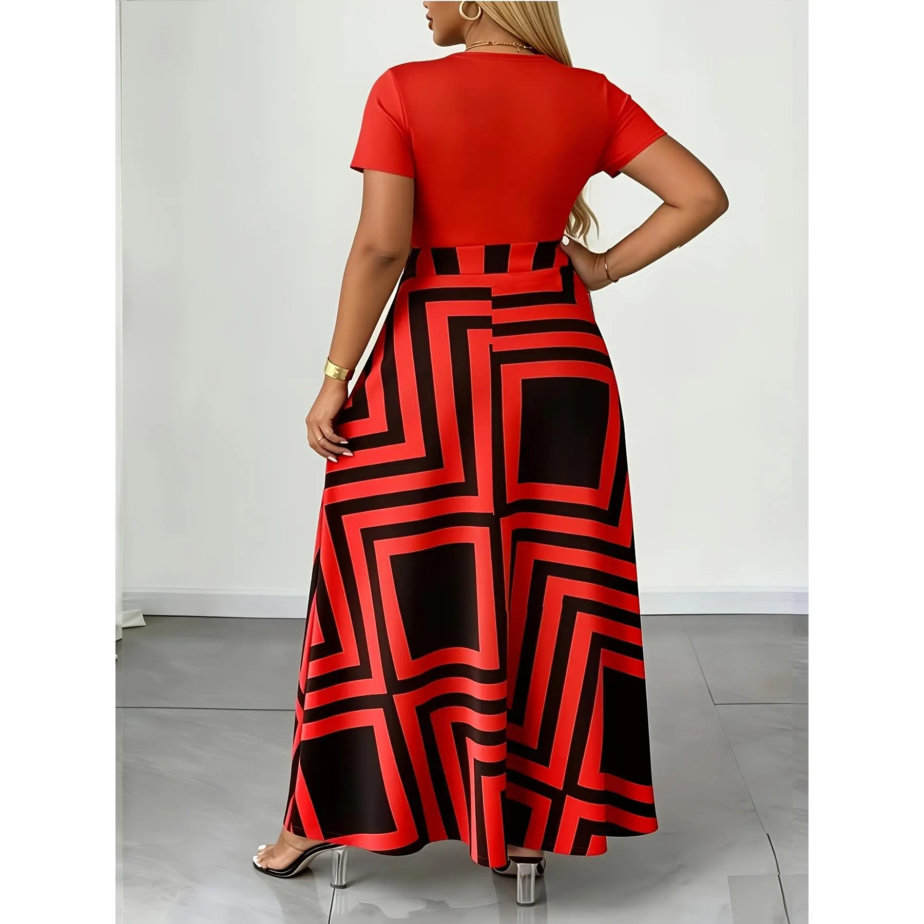 Plus Size, Red & Black Checkered Patchwork Dress with Pocket Detail - Short Sleeve Flared Round Neck Short Dress, Pocket Dress Suitable for - Wear, Machine Washable Casual Outfits for, Office, Everyday Errands,leopard,elegant,Pleated,unlined,long,b,e,baby