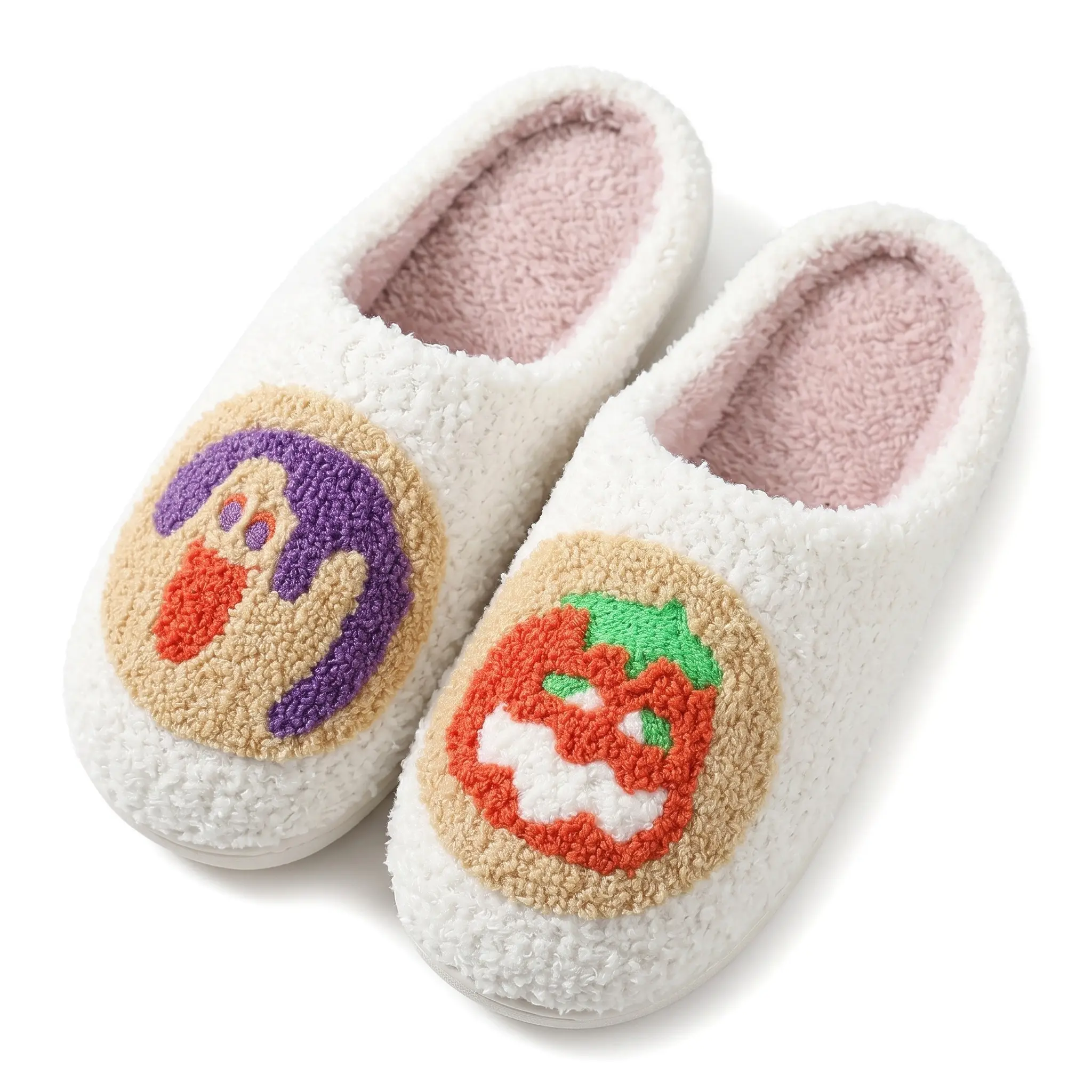 Vintage Halloween Cookie Embroidered Plush Slippers for Men and Women, Soft Comfortable House Shoes for Fall and Winter, spooky season Perfect Gift for Halloween Relaxation