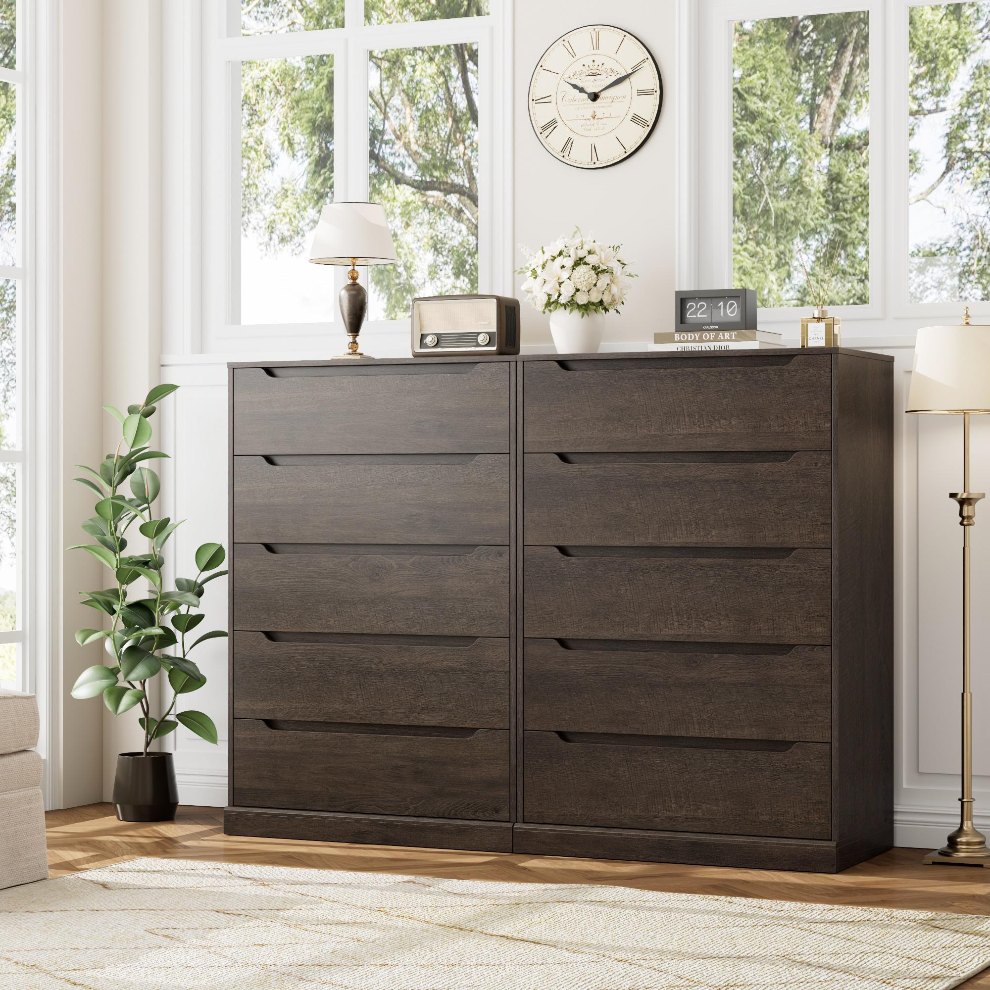 HOSTACK Modern 5 Drawer Dresser for Bedroom, Tall Chest of Drawers with Storage, Large Wood Cloth Storage Organizer with Cut-Out Handle, Accent Storage Cabinet for Living Room, Hallway
