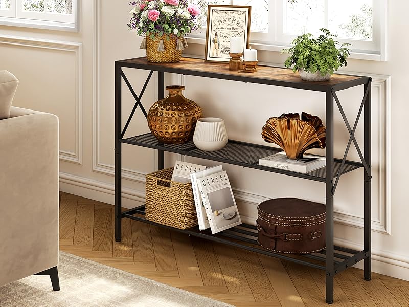 Industrial Console Table, 3 Tier Entryway Table, Hallway Table, Narrow Sofa Table with Shelves, Entrance Table for Entryway, Living Room, Foyer, Hallway, Office