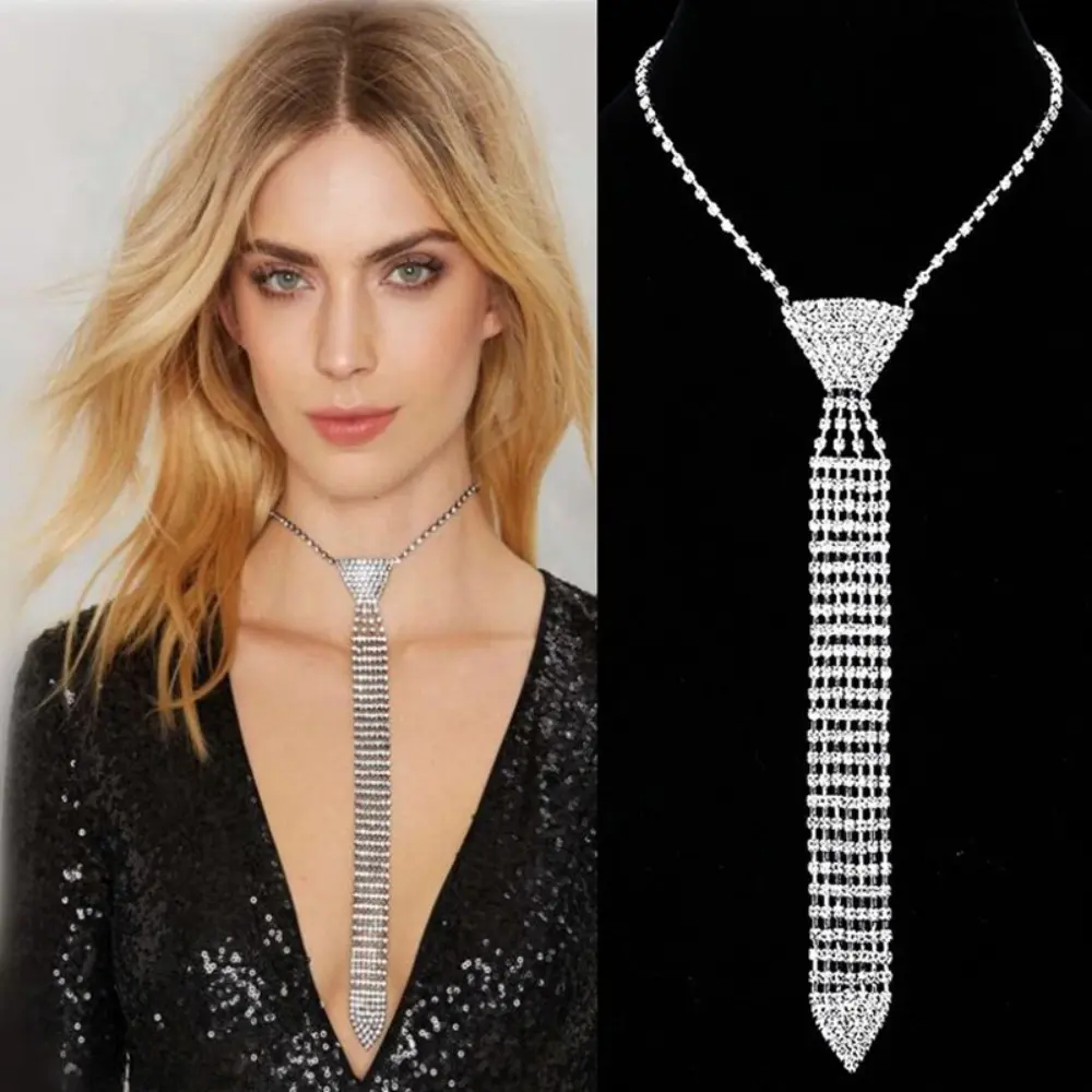Women's Long Length Stainless Steel Rhinestone Fringed Necklace - Exaggerated Claw Chain, Fringe Tassels, Unisex Minimalist Business Accessory for Daily Wear, Wedding Party, Year Round Statement Piece