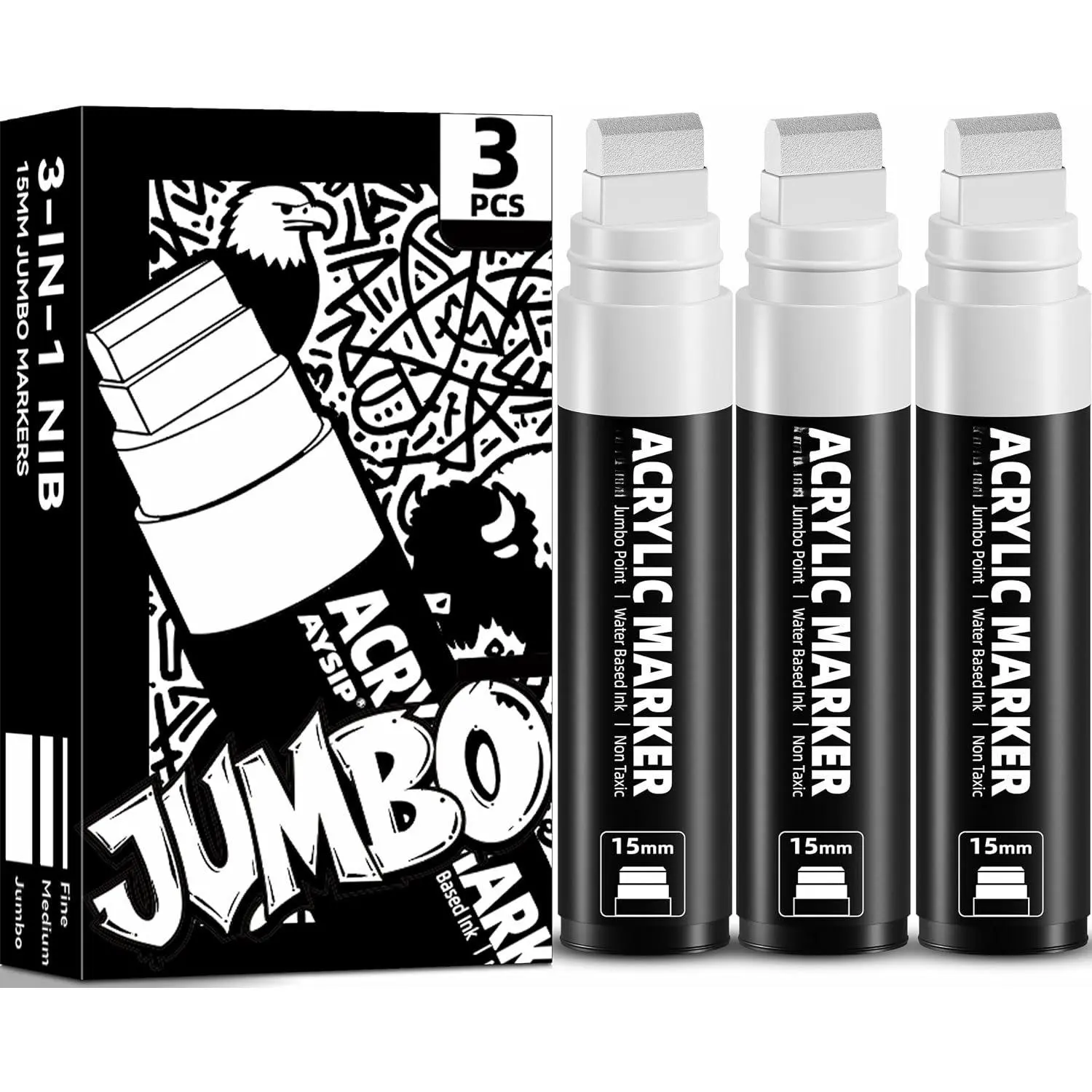 3  Permanent Markers White, 15mm Large Wide Tip, Thick   Markers for Painting, Rock, Window, Glass, , Fabric
