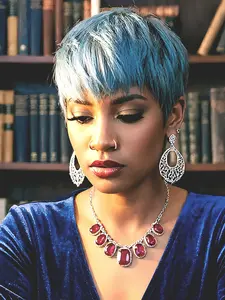 Gray Short Pixie Cut Human Hair Wigs With Bangs Full Machine Made For Women Daily Wear Real Hair Wigs