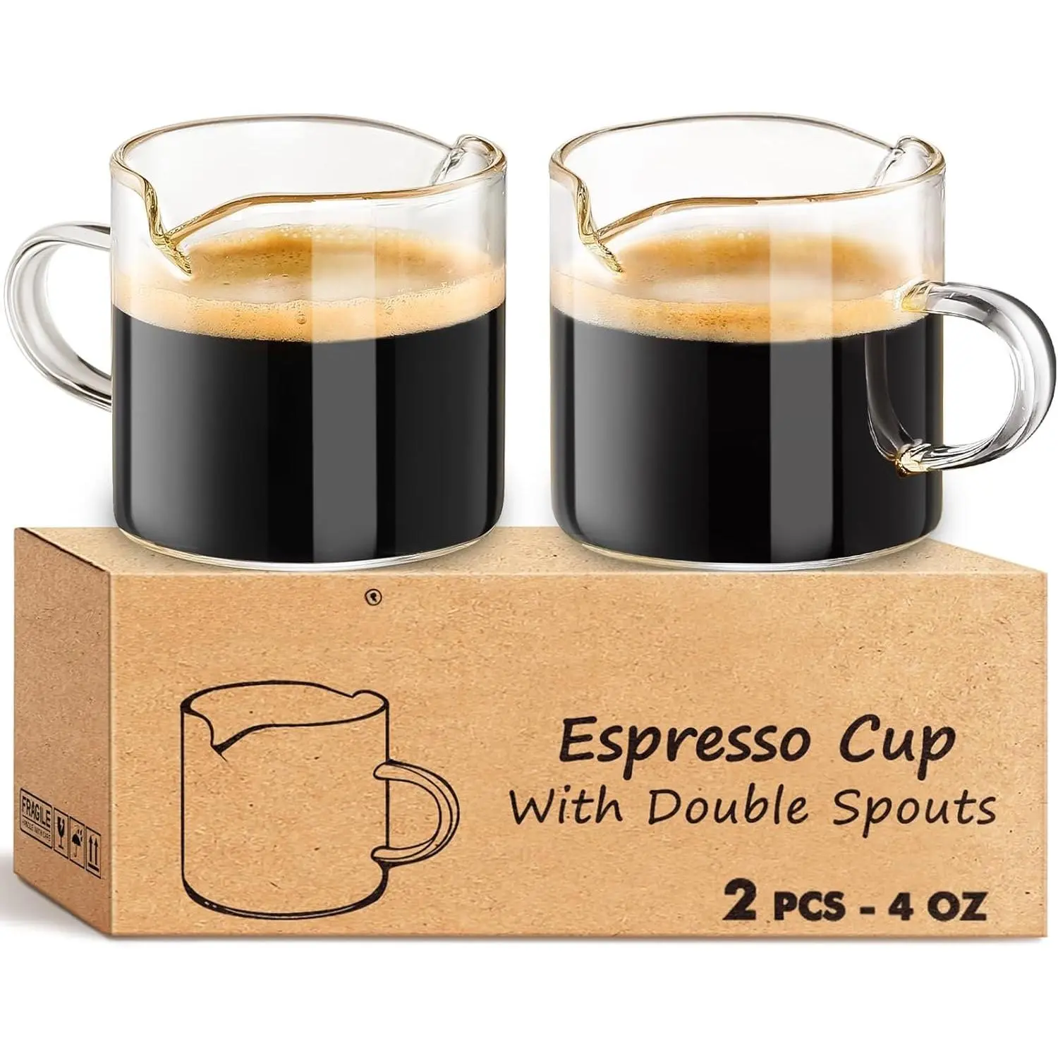 4 Oz Espresso Cups Set of 2 Double Spout with Handle Coffee Bar Accessories | -grade clear durable glass, Easy to clean, Smooth pouring, Ideal for coffee, desserts and salad dressing