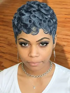Short Curly Pixie Cut Human Hair Wig, Gray Wavy Wigs, Full Machine Made , Easy Install Short Wig, Trendy Daily Wear Hairstyle Wig For  Women