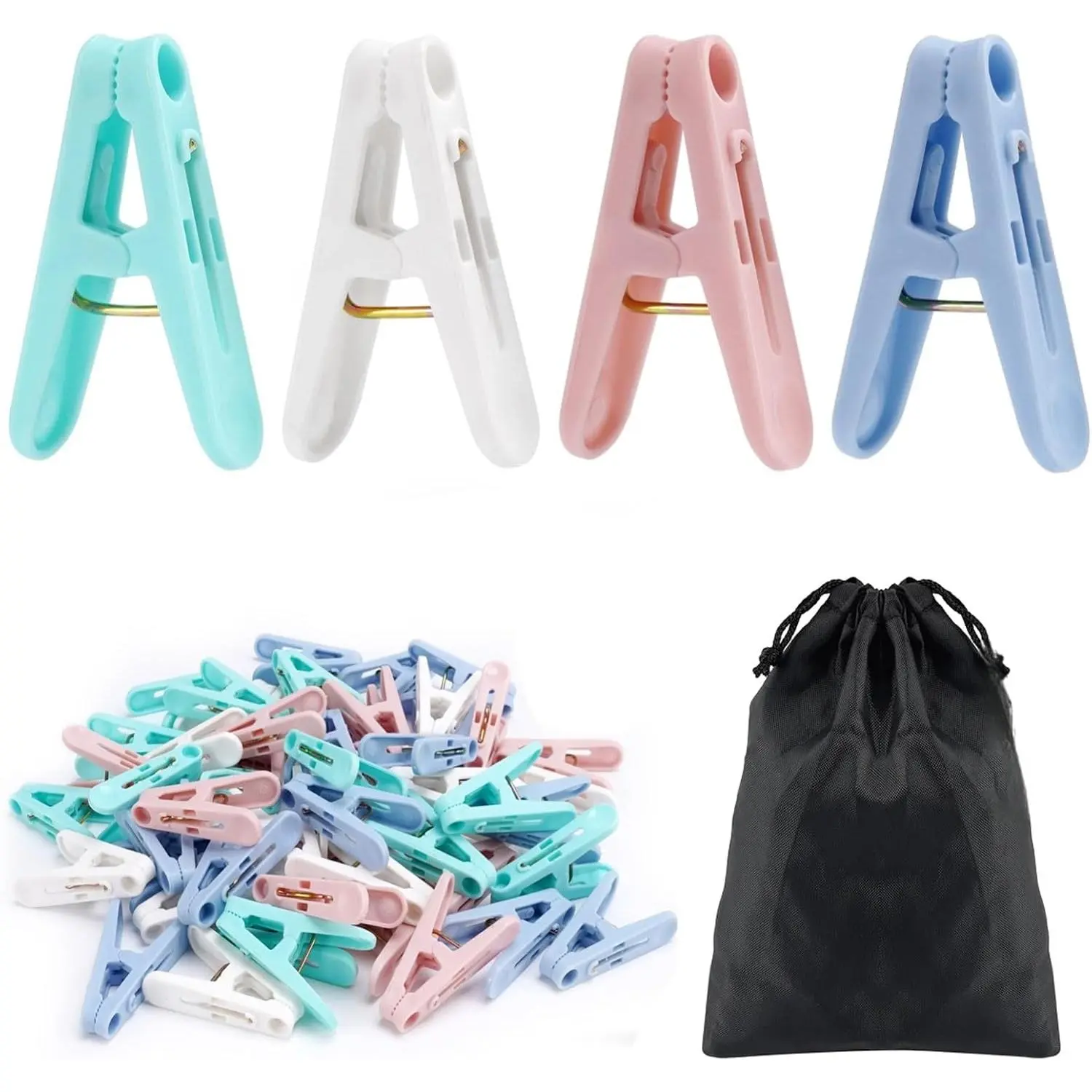 56 count Colorful Clothespins, 4 Colors Spring Clips (2 Inch) Small Clothes Pin with Black Storage Bag - for Laundry, Drying Clothes,  Use