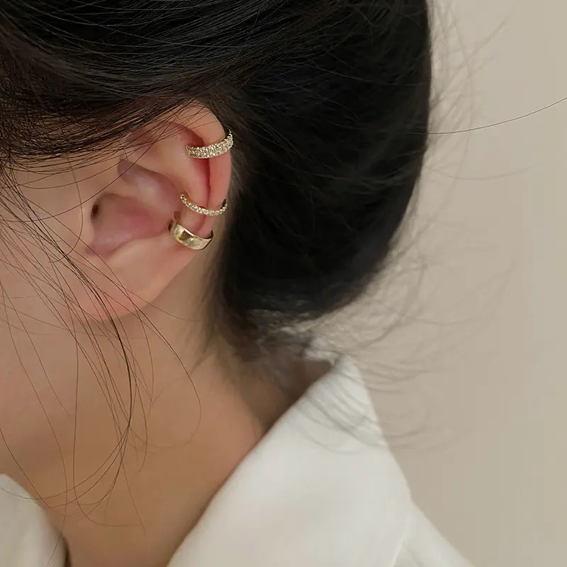 3Pcs Elegant Gold-Plated Clip Earrings Pack - Double Row Crystal Conch Helix Wrap, Minimalist Casual Unisex Girl Aesthetic Office Jewelry Gift