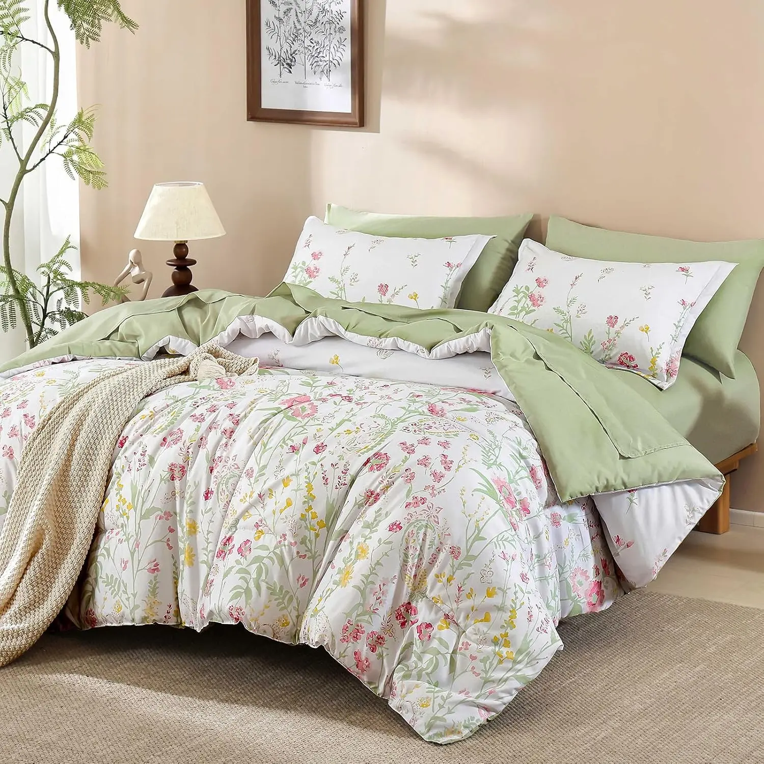7 Piece Pink Green Floral Comforter Set King Size, Cute Botanical Comforters Lightweight Coquette Bedding Set Flower Bed in a Bag Soft Farmhouse Bedding Set with Sheets for Women