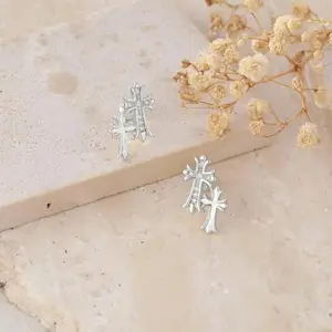 14K Gold Plated Double Cross Earrings for Women Men | Christian Faith Jewelry, Lightweight Double Piercing Cross Stud Earrings, Y2K Accessories Gift