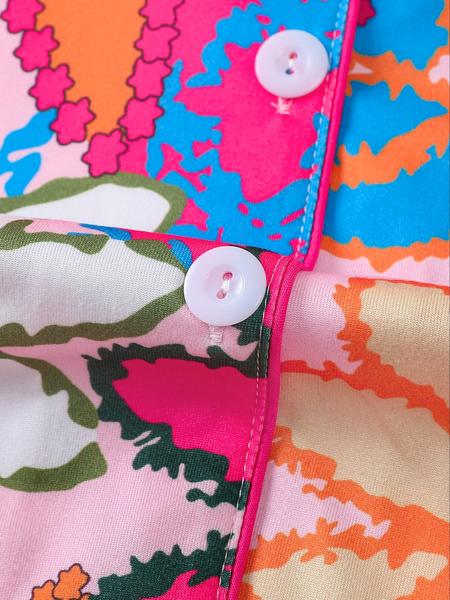 Women's Leopard Print Cherry Bow Sleepwear Set, Short Sleeve Shirt Collar Button Soft Top & Elastic Shorts, Casual Home Wear