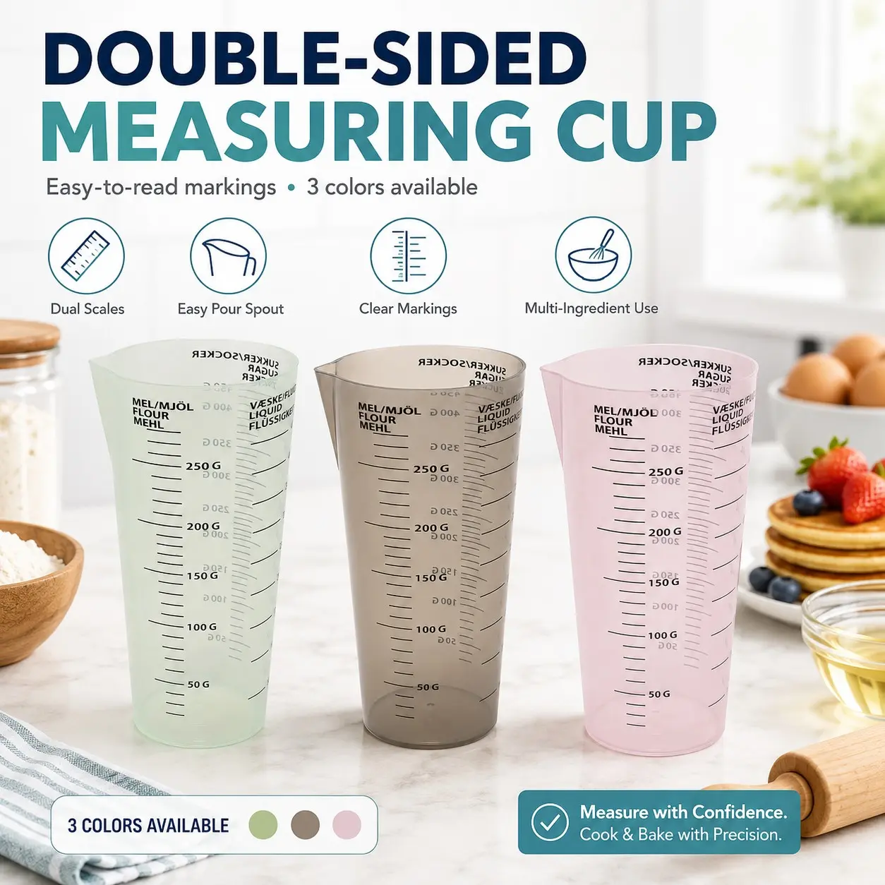 A transparent food-grade PP plastic measuring cup with a V-shaped spout, high aesthetic appeal, and multifunctional liquid measurement capabilities. Suitable for coffee shops, baking, and home cooking. A must-have kitchen tool with durable design