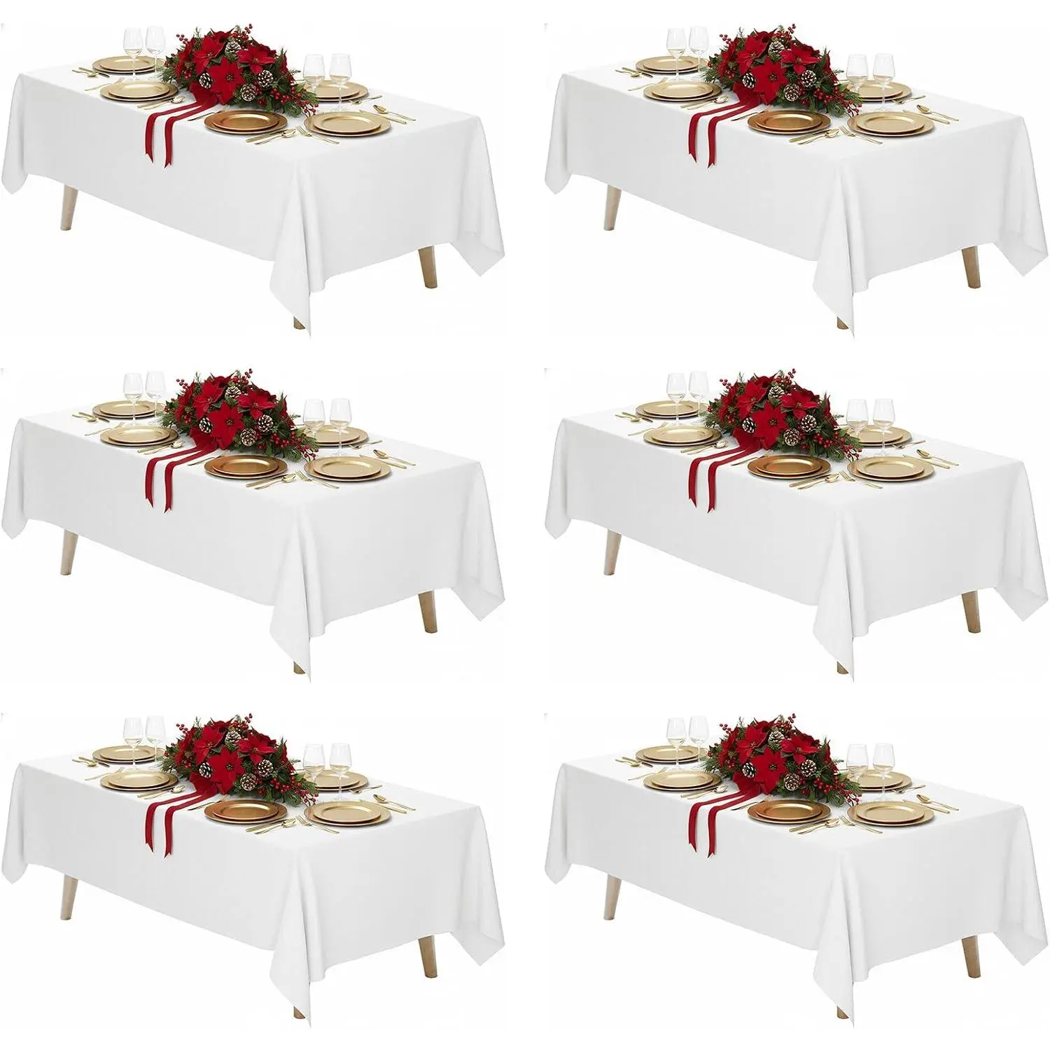 6-Pack White Polyester Rectangular Tablecloths (70x120 in) - 6-8ft Table Covers for Wedding, Party, Dining