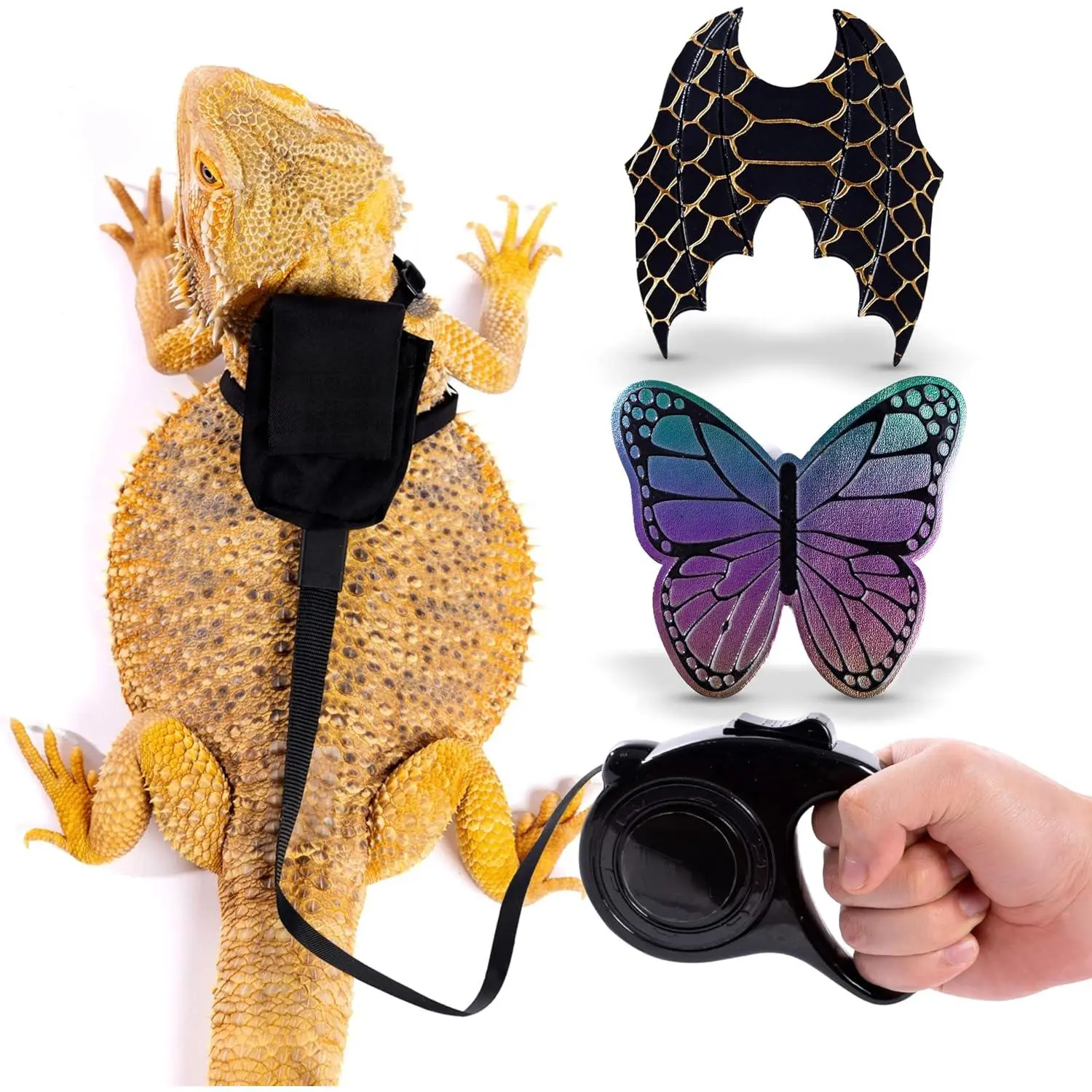 Butterfly Wing Reptile Harness with Retractable Leash - Escape-Proof Collars & Harnesses & Leads Set for Bearded Dragons, Leopard Geckos