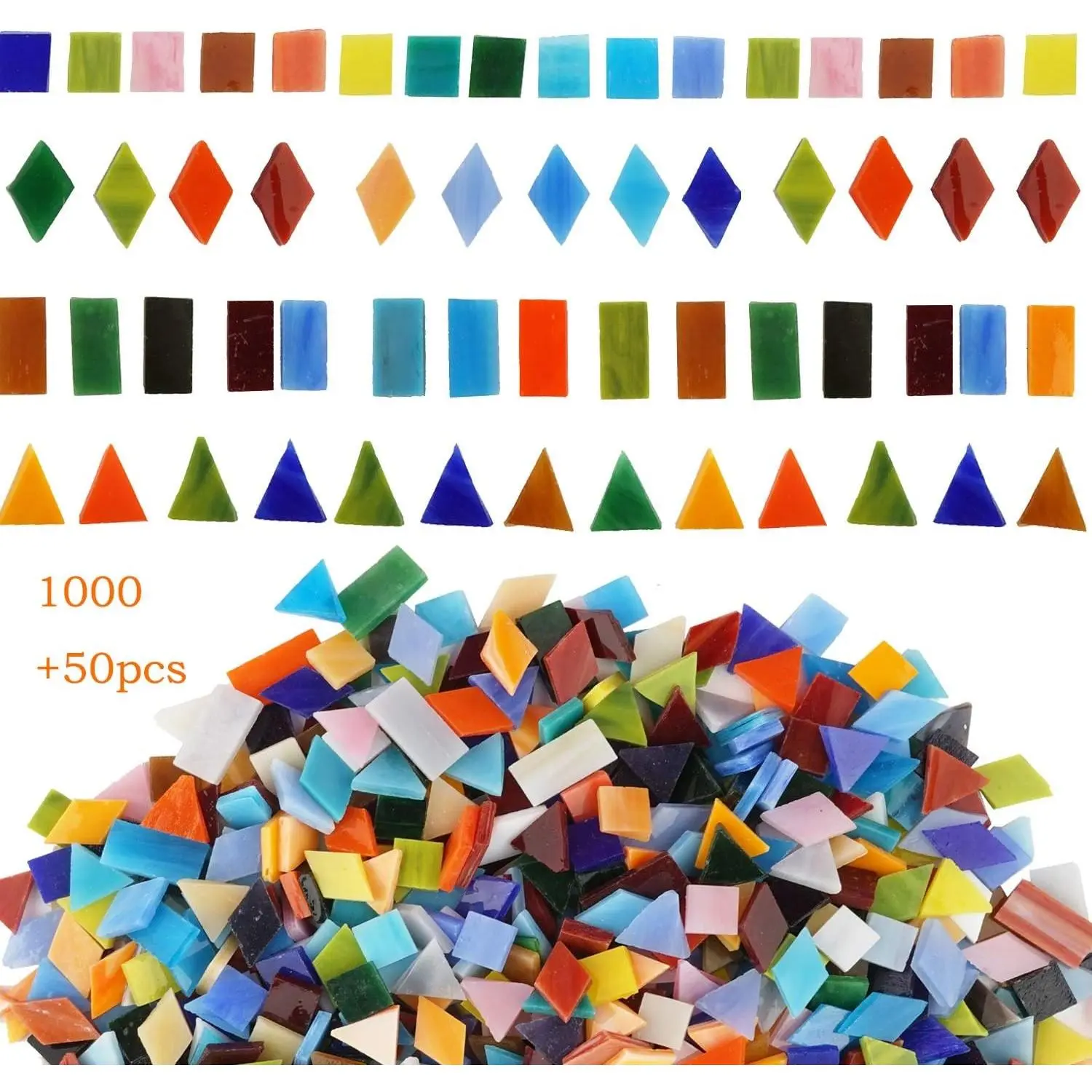 1050 Pieces Mixed Shapes Glass Mosaic Tiles for Crafts, Colorful Stained Glass Pieces for Mosaic Projects