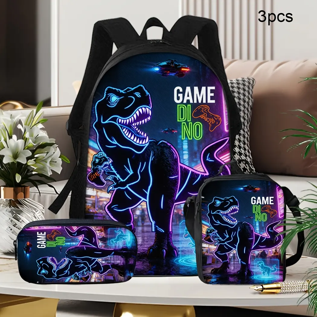 Kids' 3-Piece Coordinated Neon Gamer Dinosaur Backpack Set - Polyester T-Rex School Bookbag with Matching Lunch Bag, Pencil Case, Arcade Scene Cyber Travel Daypack, Back to School Gym Accessory Gift, Bag Set