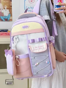 Cute Colorblock Girls' Backpack, Large Capacity School Bag with Pen Pouch, Ideal for Elementary to High School Students, Daily Use & Travel