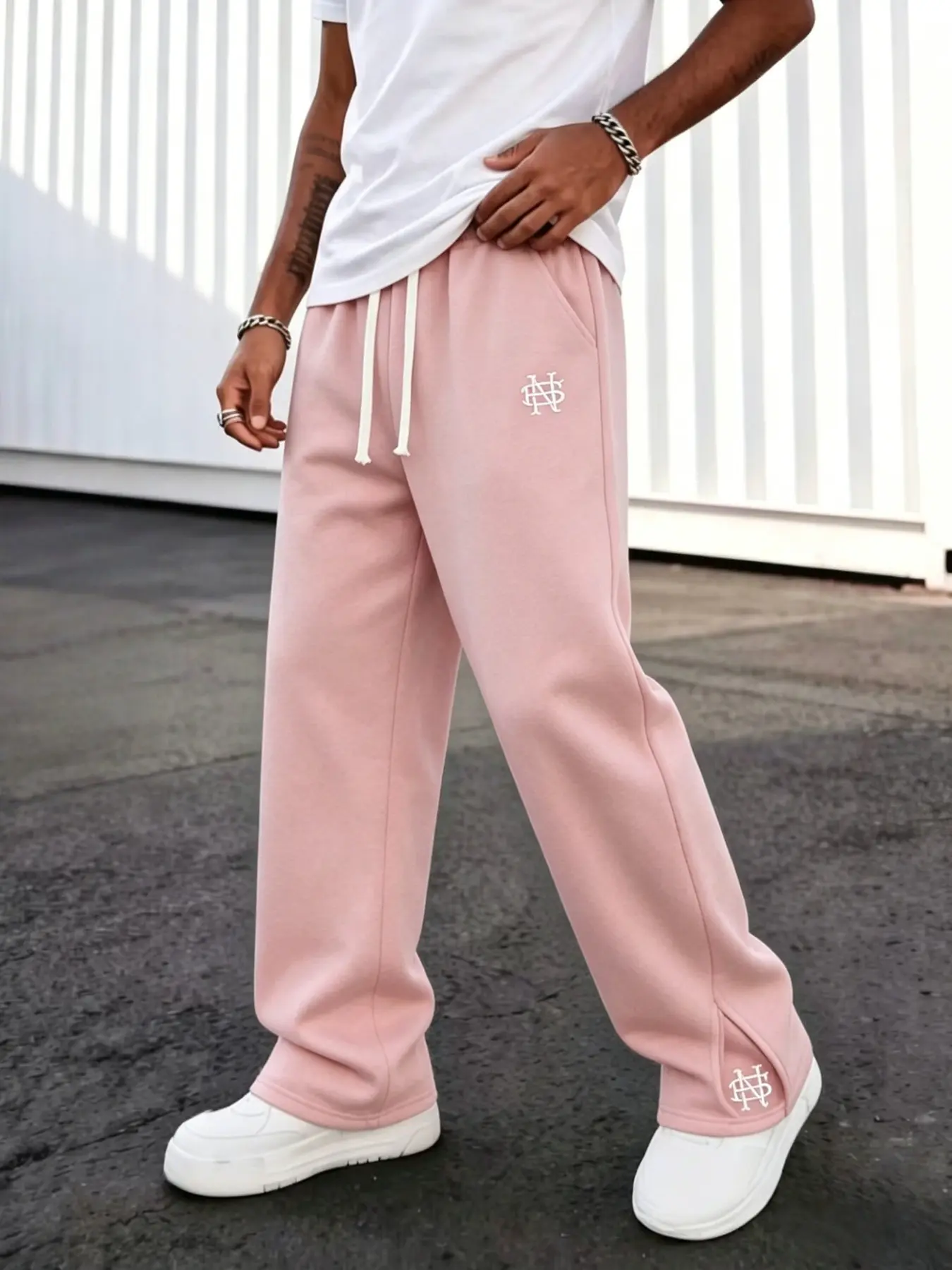 American Style Embroidered Split Hem Sweatpants, Light Loose Wide Leg Sports Pants, Drawstring Waist, All Seasons Casual Long Pants