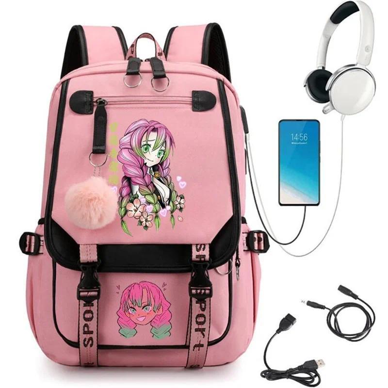 Demon Slayer Kanroji Mitsuri Backpacks Teenarges Schoolbag Anime USB Charge Laptop Travel Outdoor Bag Color Blocking Mochila