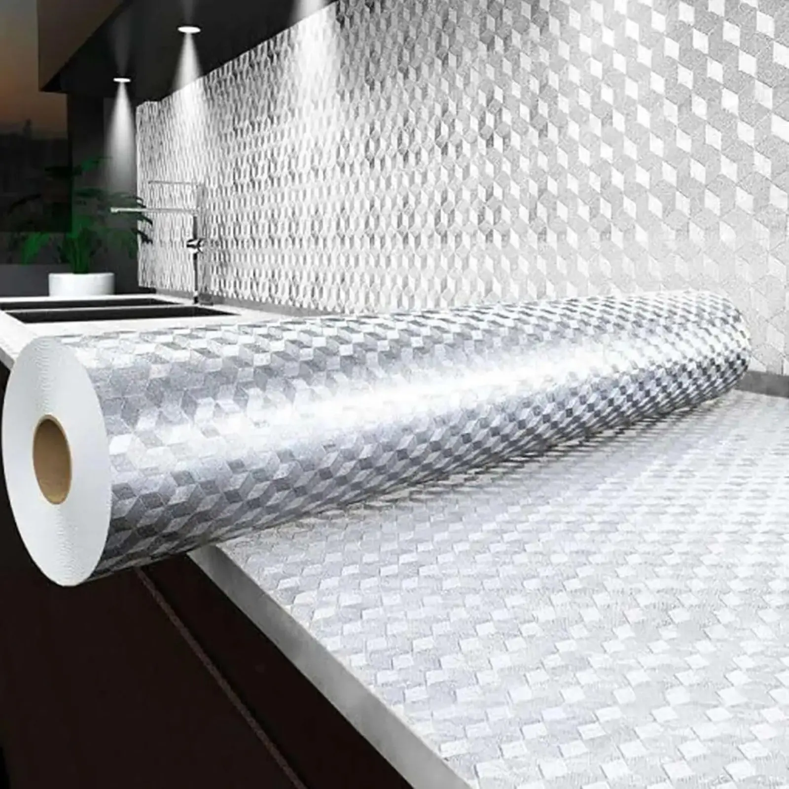 Silver Peel and Stick Contact Paper, Self-Adhesive Waterproof Countertop Wallpaper, Oil-Resistant Aluminum Foil Cover for Kitchen Cabinets Drawers and Shelves, Removable Easy-Clean Surface, 15.75in x 118in