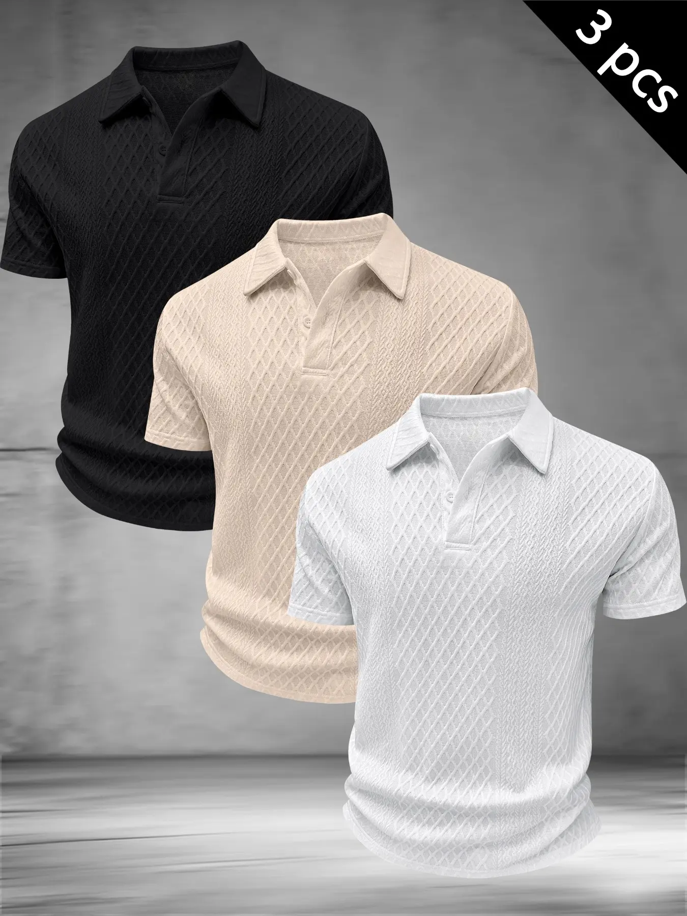 Men's Textured Jacquard Knit Classic Polo Shirt, Casual Business Slim Fit Short Sleeve Top, Elegant Solid Pattern Casual Polo Tee, Casual Polo Shirts #TexturedPolo #BusinessCasualTop #JacquardPatternShirt #SlimFitPolo #TikTokMadeMeBuyIt