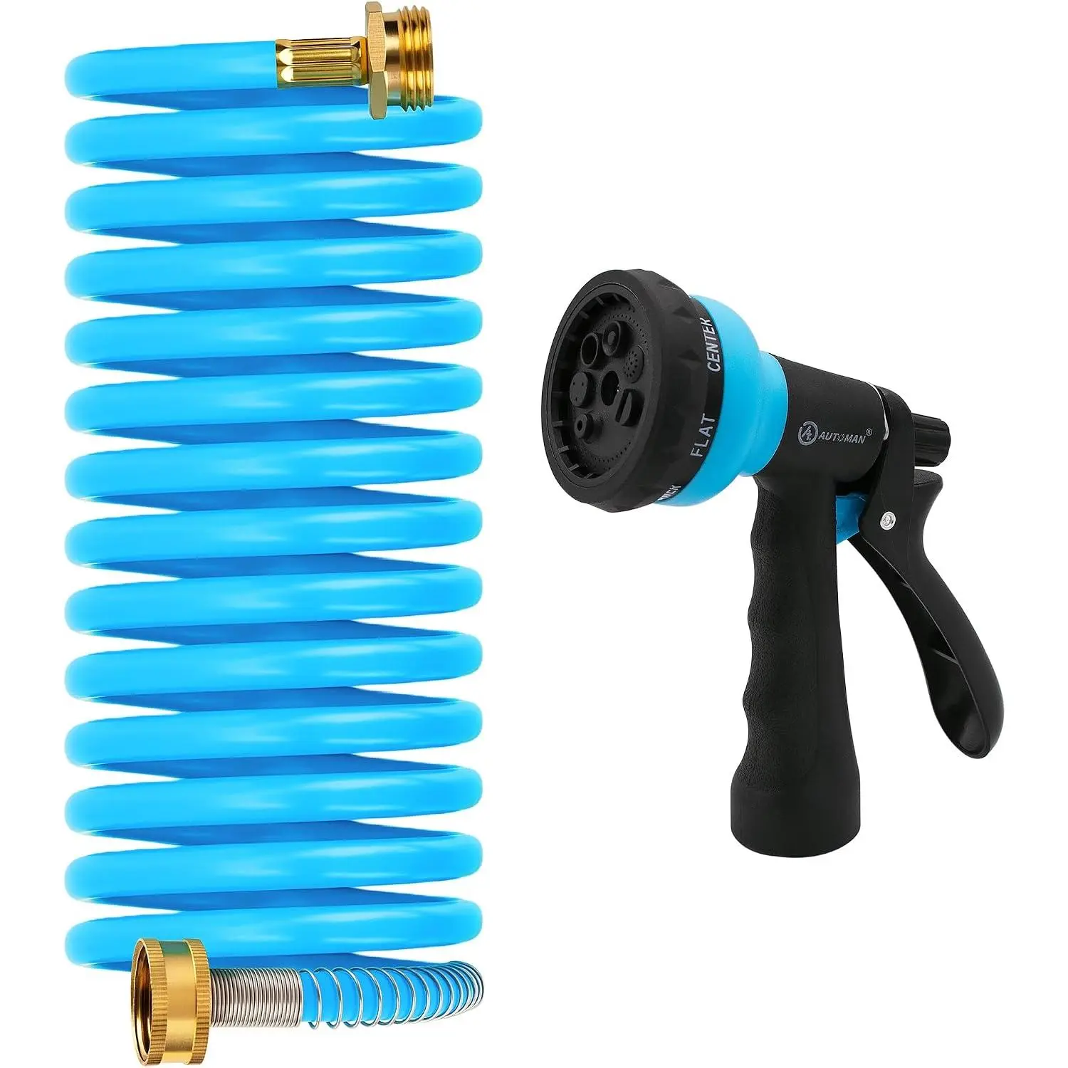 Coil Garden Hose 15 ft, EVA Curly Water Hose with Brass Connectors,  Garden Water Hose,Includes 7- Function Sprayer,Retractable, Resistant Garden Coil Hose.