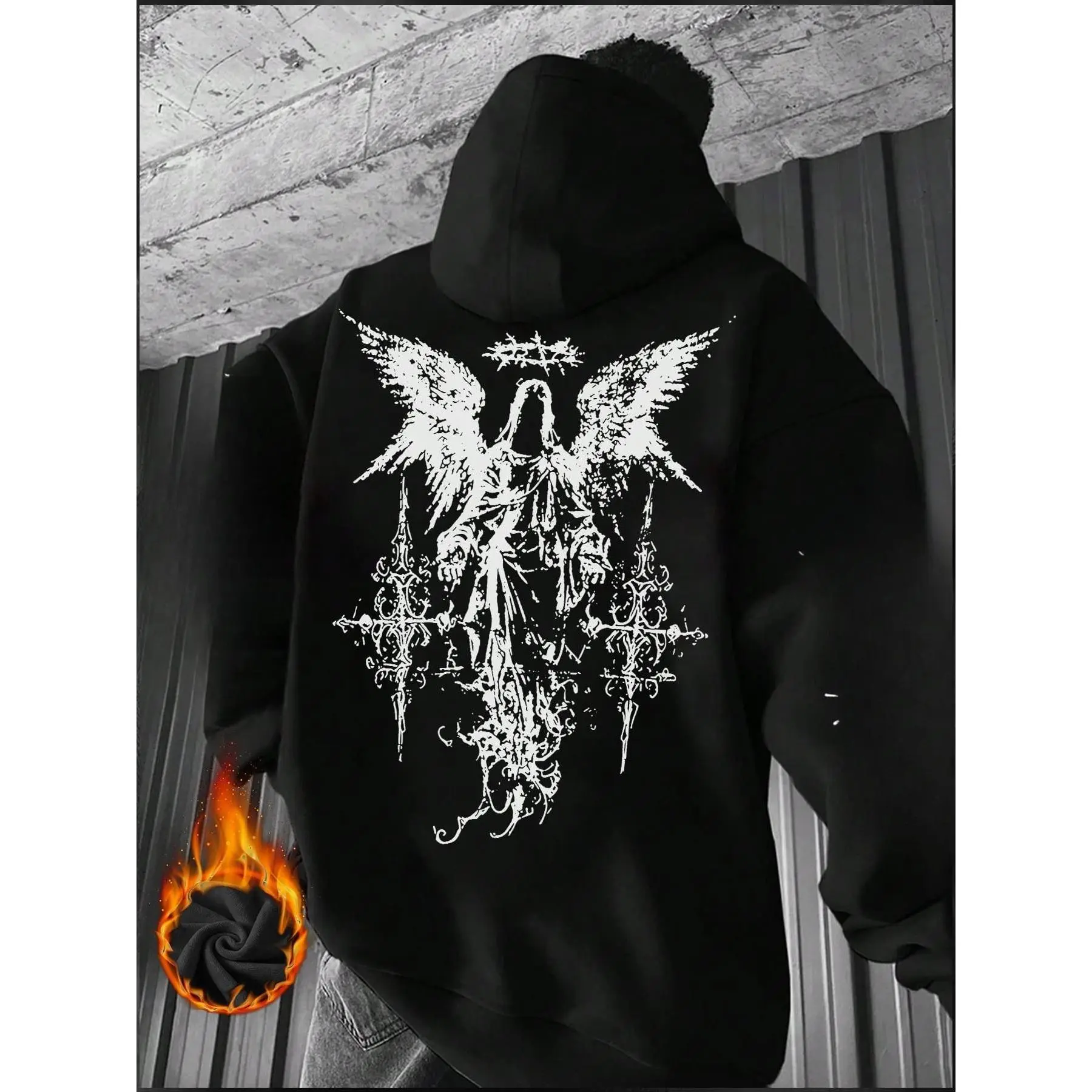 Gothic Thorn Angel Print Fleece Lined Hoodie, Dark Aesthetic Loose Streetwear Unisex Sweatshirt, Casual All-Season Fitted Graphic Top