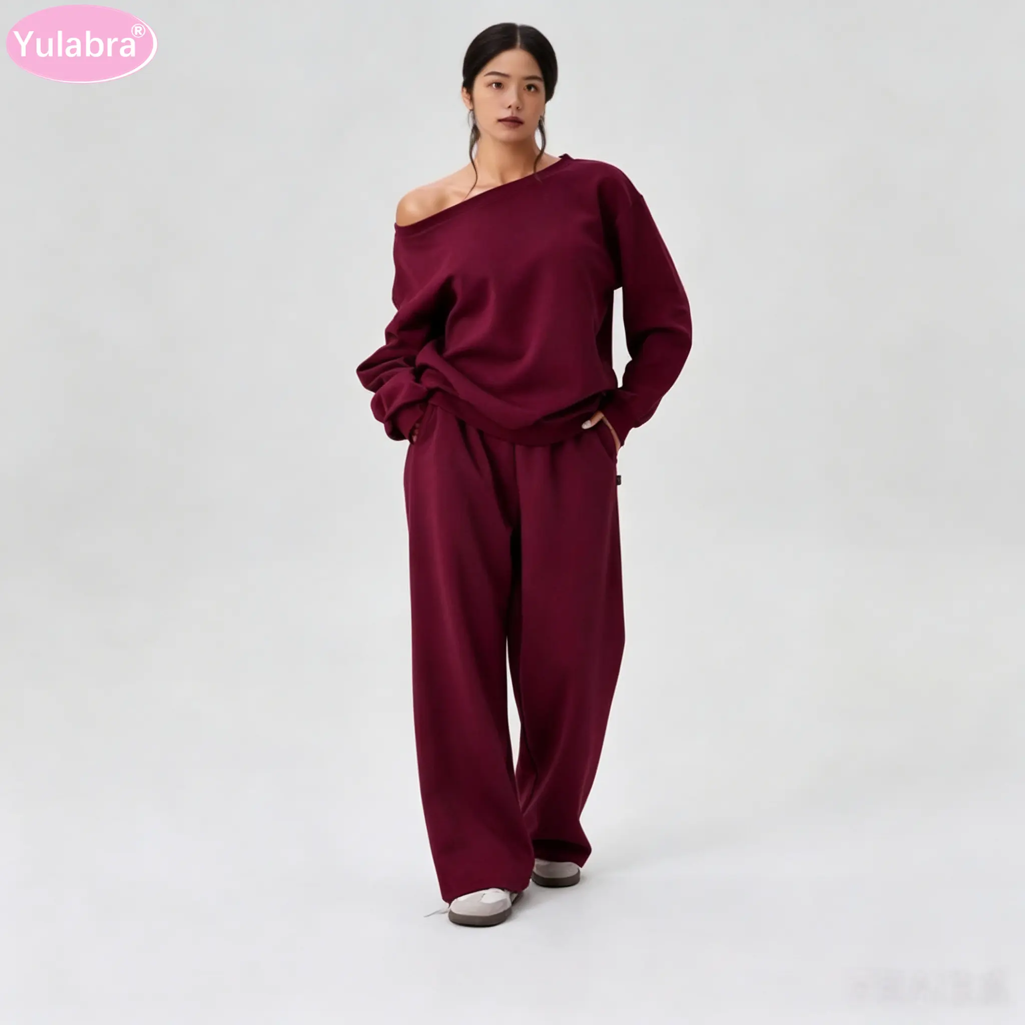 Yulabra Autumn Winter New Oblique Shoulder Design Two Piece Set Casual Sport Outfit Soft Breathable Trendy Ladies Daily Loungewear Lightweight Fashion Suit Outdoor Travel Chic Everyday Comfy Tracksuit