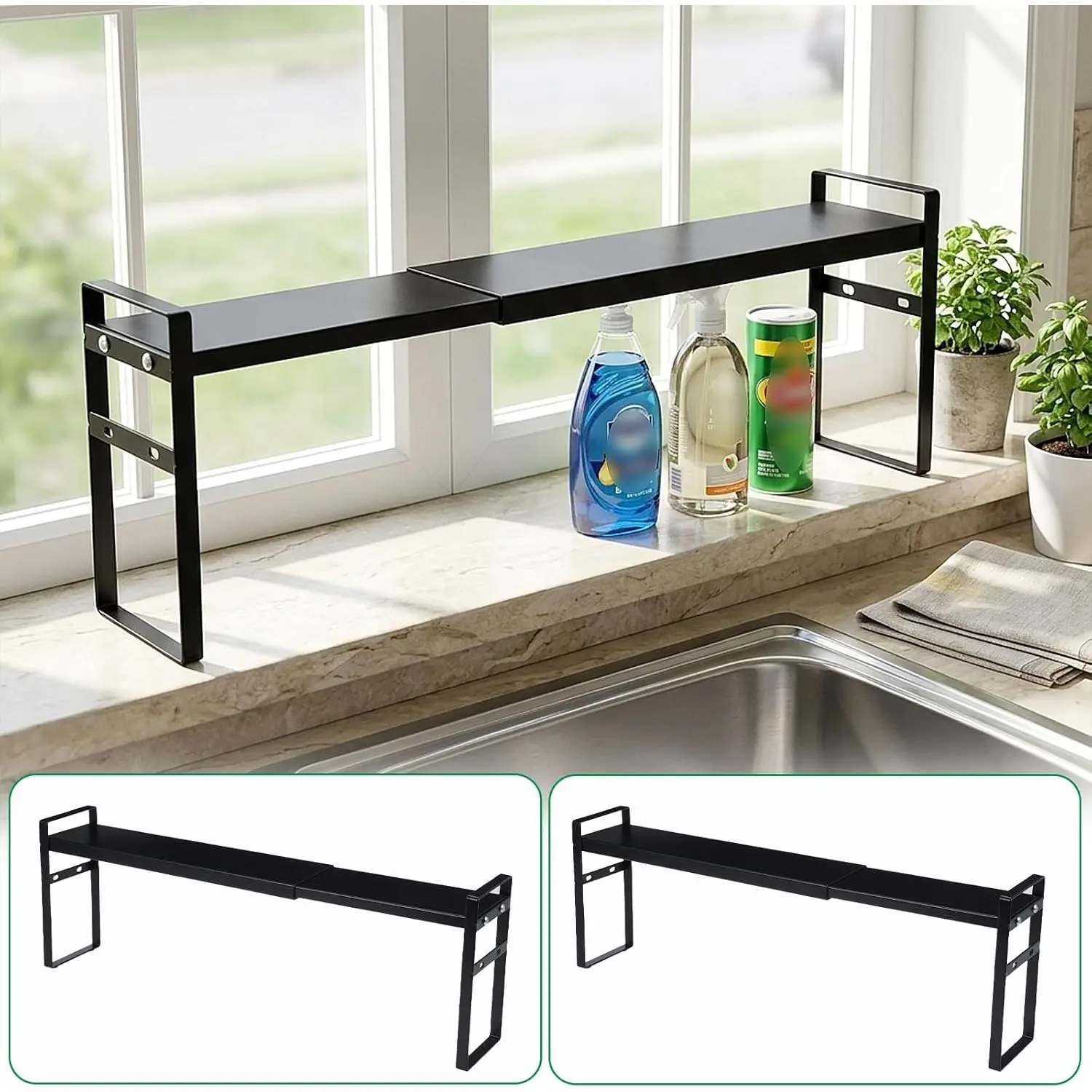 2 Pack Black Expandable Cabinet Shelf Organizer, 13.7-23.6" L. Stackable Black Small Narrow Tall Shelf for Windowsill, Kitchen Organizer, Window Sill Plant Shelf, Stackable Shelves, Bathroom, Sill Thin.