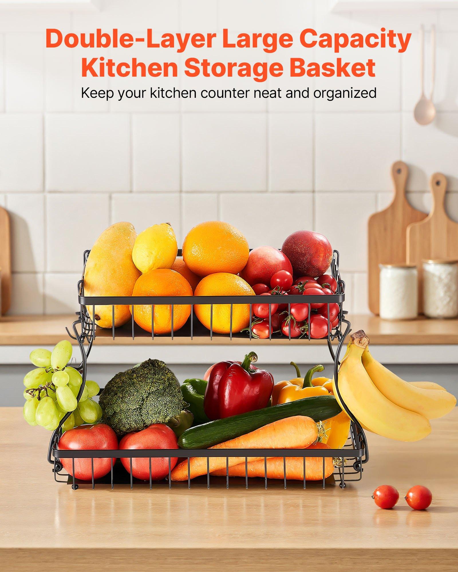 2 Tier Fruit Basket Bowl Kitchen Countertop Storage Stand Holder Banana Hanger