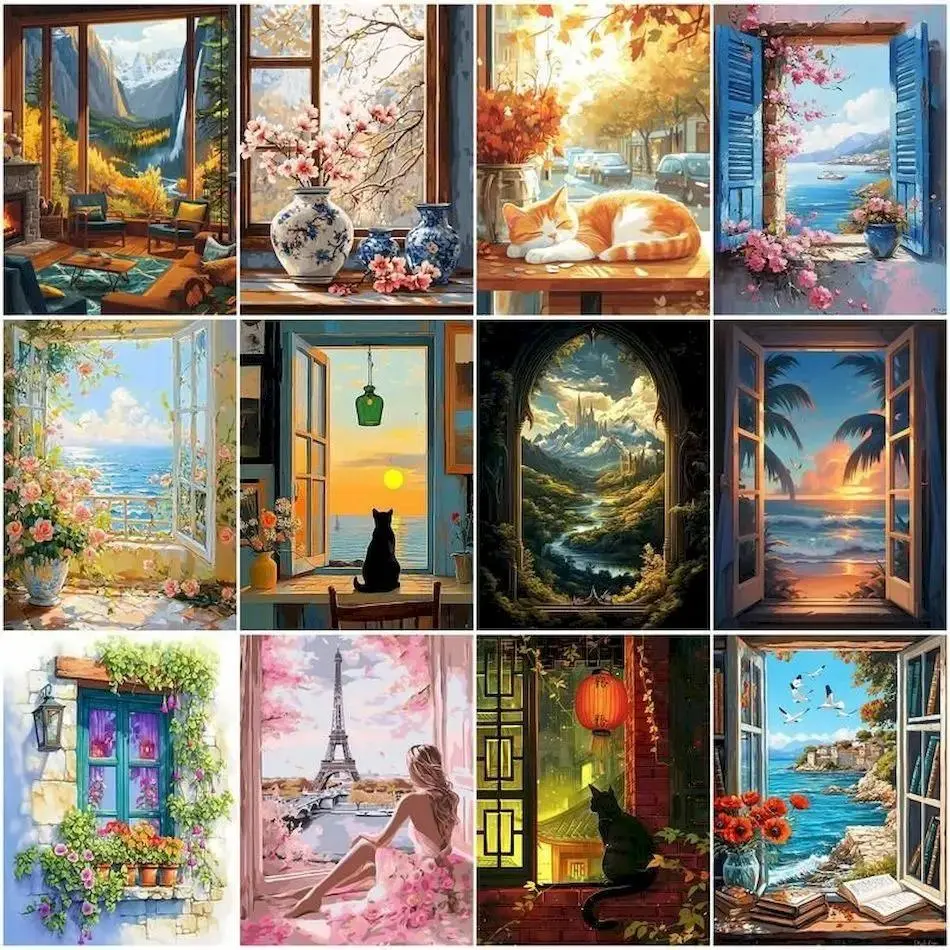 Non-Toxic Water-Based Paint by Numbers Kit for Adults - Floral Scenic Set with Canvas, Sea View, Mountain, Paris, Cat Designs, DIY Beginner Handcraft, Holiday Gift for Bedroom Wall Decor
