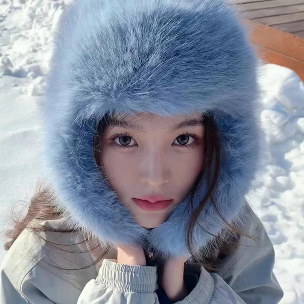 HT4567 Fluffy Fur Hat Women White Black Blue Russian Hat Thick Warm Ski Earflap Cap Female Ushanka Winter Hat Ladies Russian Cap