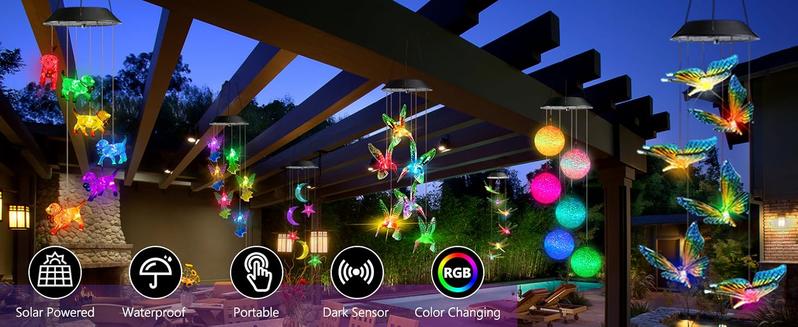 Solar-powered colorful changing butterfly wind chime, LED waterproof decorative hanging light, a perfect holiday gift for mom, wife, or children, suitable for gardens, porches, patios, courtyards, and windows.