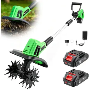22V Cordless Garden Tiller,  Operated Tiller with 2  & Charger, 9Inch Width, 6.3Inch Depth, 360RPM Electric Tiller for Soil Cultivation, Lawn and Gardening(Green)