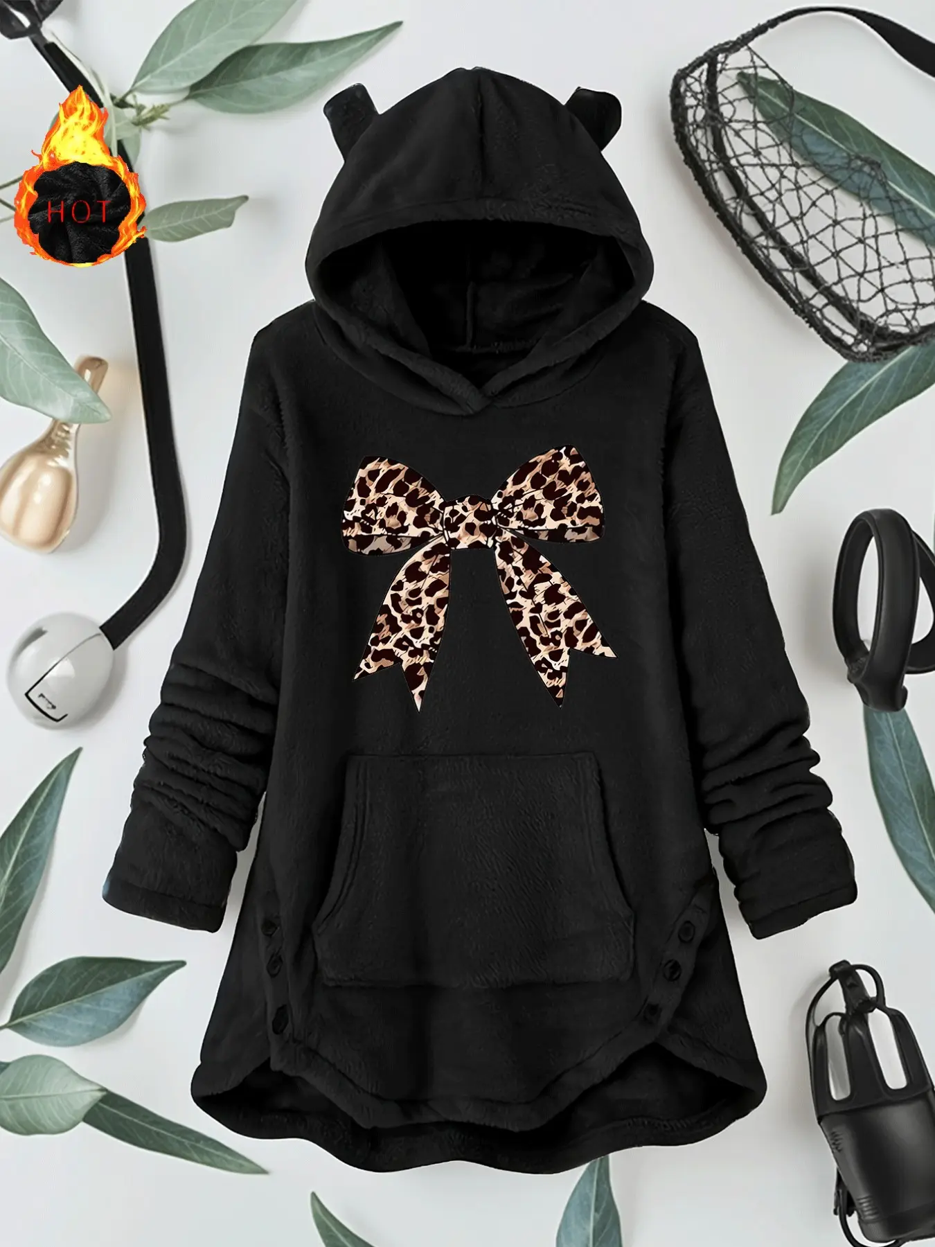 Y2K Leopard Print Bow Cat Ear Hooded Sleep Robe, Soft Plush Long Coat for Autumn Winter, Fashionable Loose Fit Homewear
