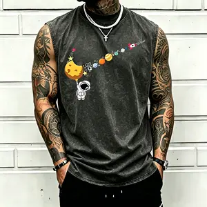 Vintage Washed Space Astronaut Graphic Sleeveless Shirt for Men, 100% Cotton Tank Top, Galaxy Planet Print Muscle Tee, Casual Summer Workout Shirt, Relaxed Fit Streetwear, Father's Day Gift for Dad, Space Lover Graphic Apparel