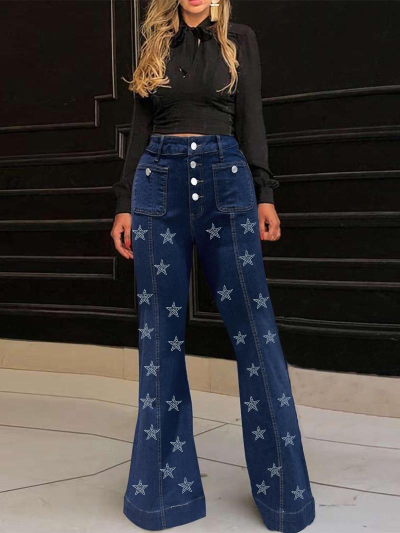 Women's Plain Flare Leg Jeans with Button & Pockets , Casual Bell Bottom Trousers for Daily Wear, Ladies Bottoms for All Seasons