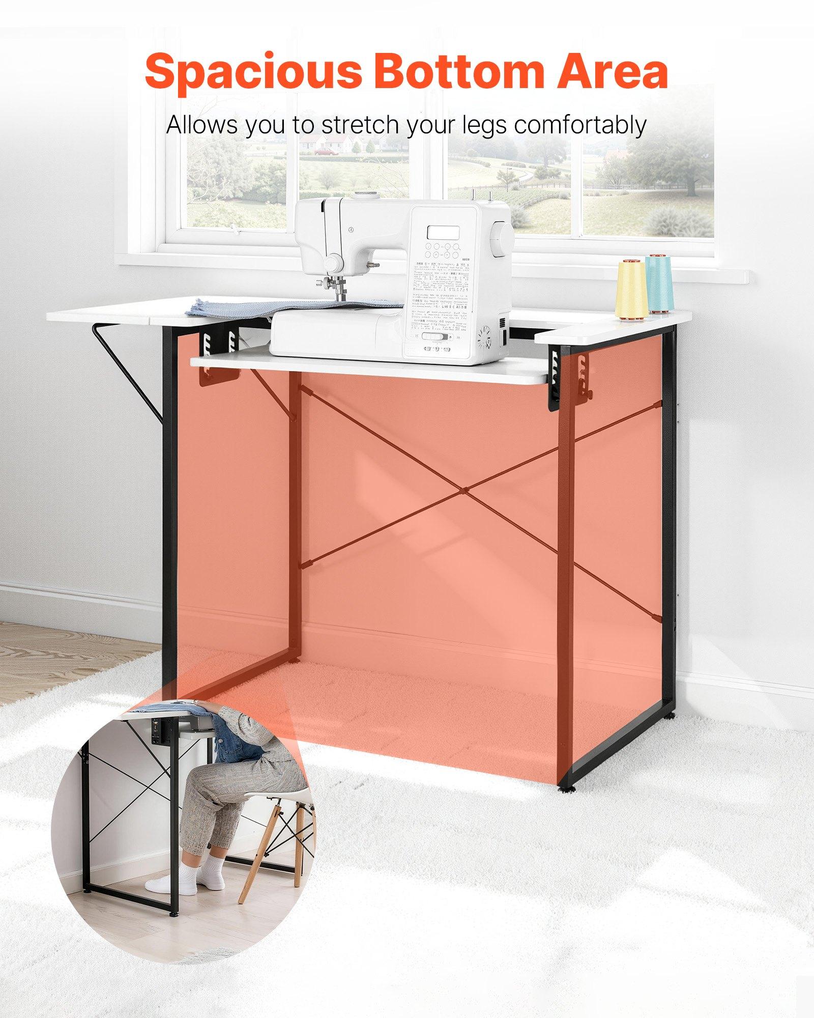 VEVOR Sewing Table, Multipurpose Sewing Machine Table with Foldable Side Shelf, Adjustable Shelf, Steel Legs, Computer Desk for Home, Fashion Studio, Art Studio, Educational Institution, White