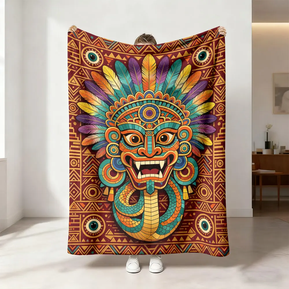 A 1-piece colorful tribal totem snake feather mask flannel blanket is soft, warm, and multifunctional, suitable for car seats, sofa beds, office nap blankets, outdoor camping, and all-season gifts