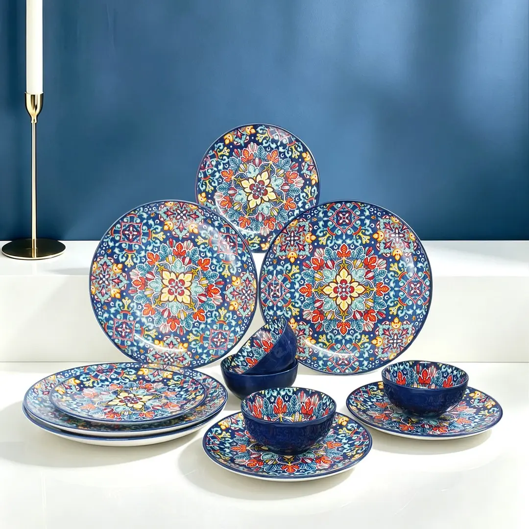 12pcs Blue Bohemian Style Ceramic Dinnerware Set, 4 Bowls 4 Plates 4 Large Dishes, Scratch-Resistant, Microwave Oven Dishwasher Safe
