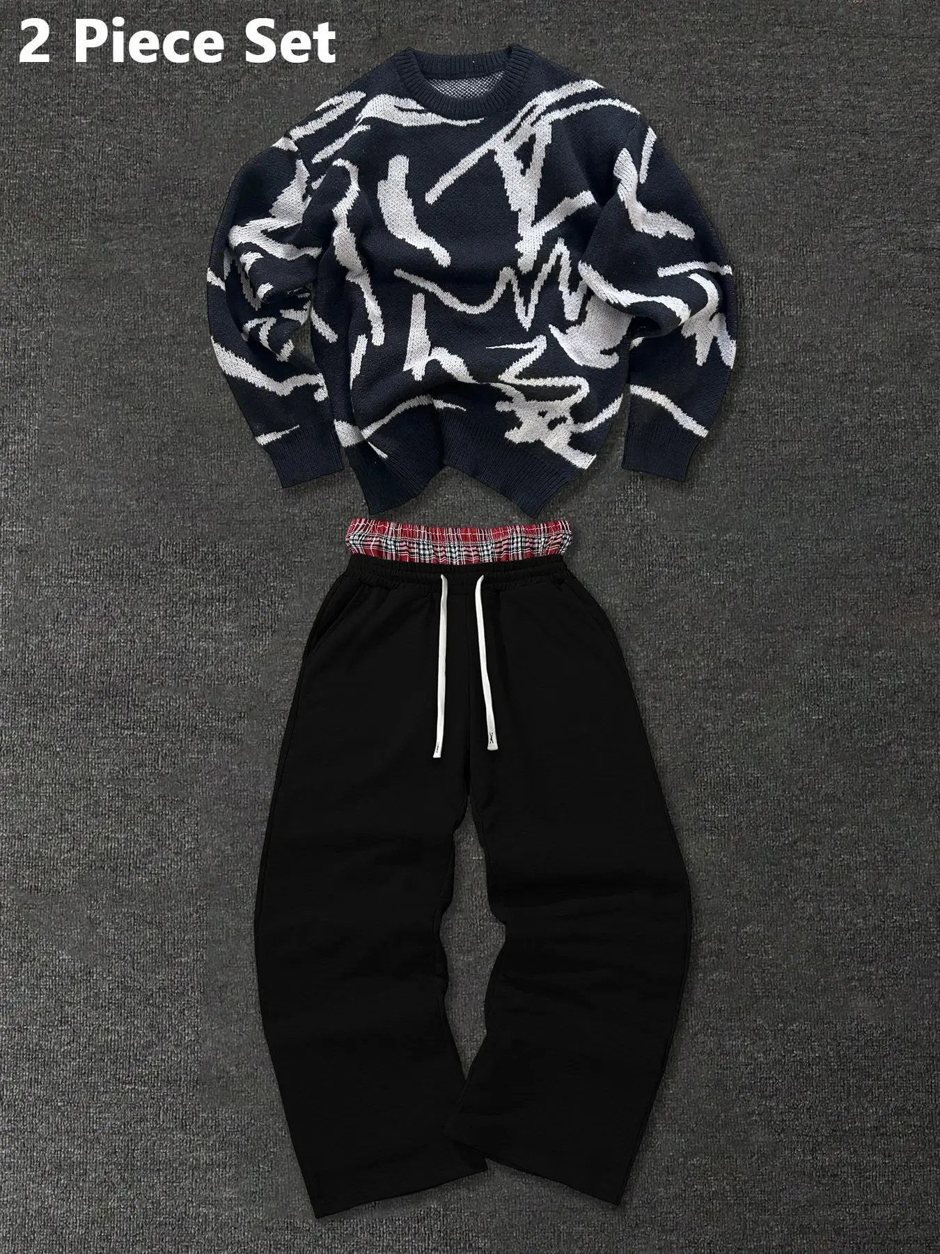 Autumn-Winter Streetwear Set, Unisex Long Sleeve Sweater & High Waist Pants, Loose Fit, Casual Style, Retro Campus Look, Outfit