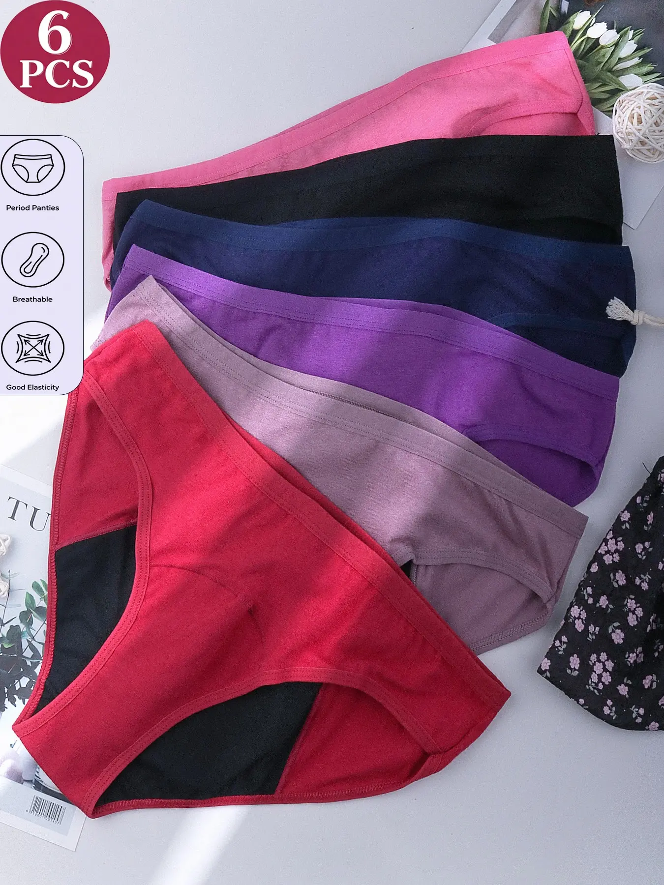 6-Pack Women's Menstrual Panties, Simple Plain Design, Casual, Soft Comfortable, Breathable, Easy Care Knit Material, Ideal for All-Day Wear, Summer Season