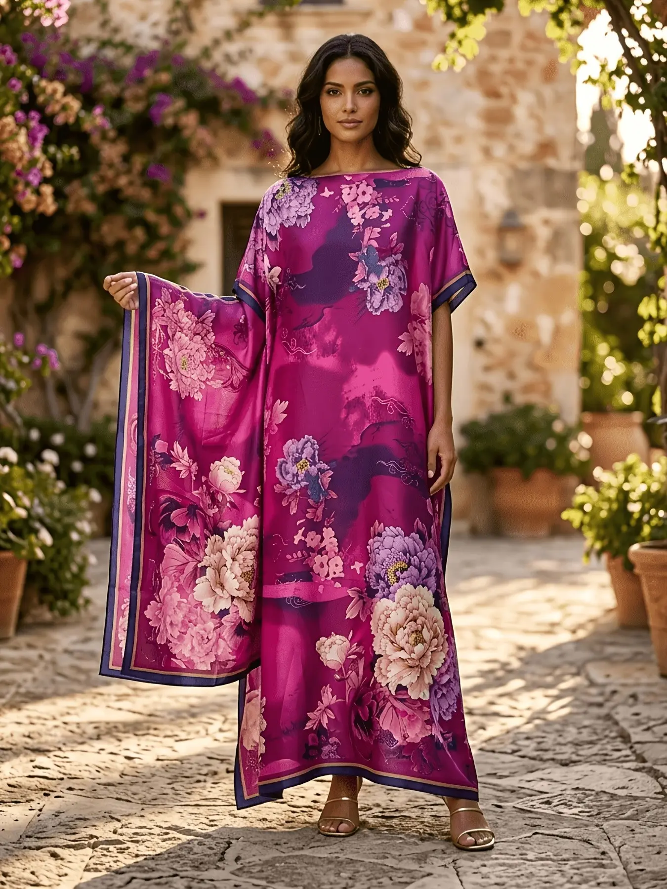 2-Piece Magenta Purple Floral Silky Caftan Dress Set with Scarf, Women's Peony Print Maxi Dress, Loose Fit Plus Size Resort Wear